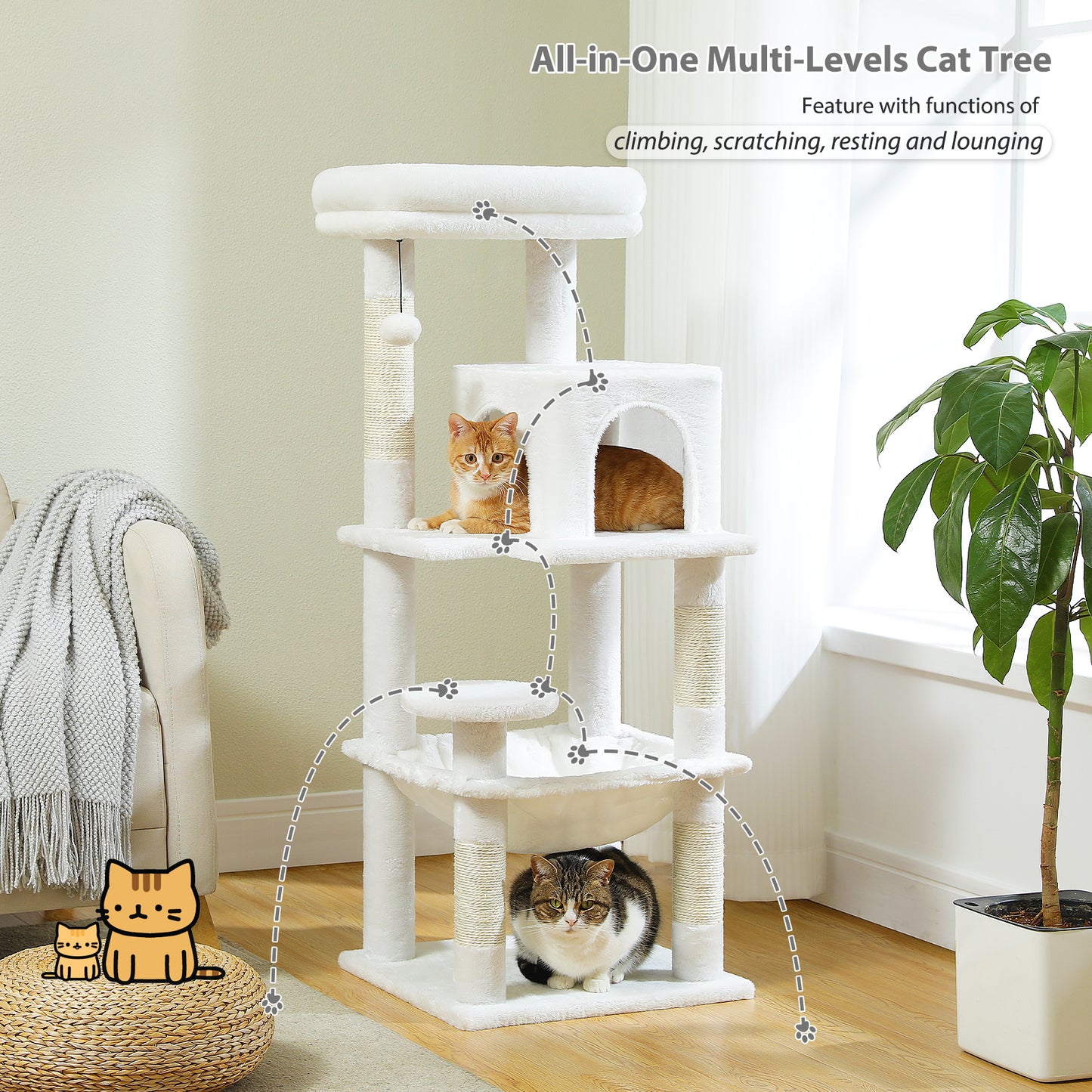 PAWZ Road 116cm Cat Tree Tower Scratching Post Scratcher Cat Condo Tree Kitten Bed Toy White