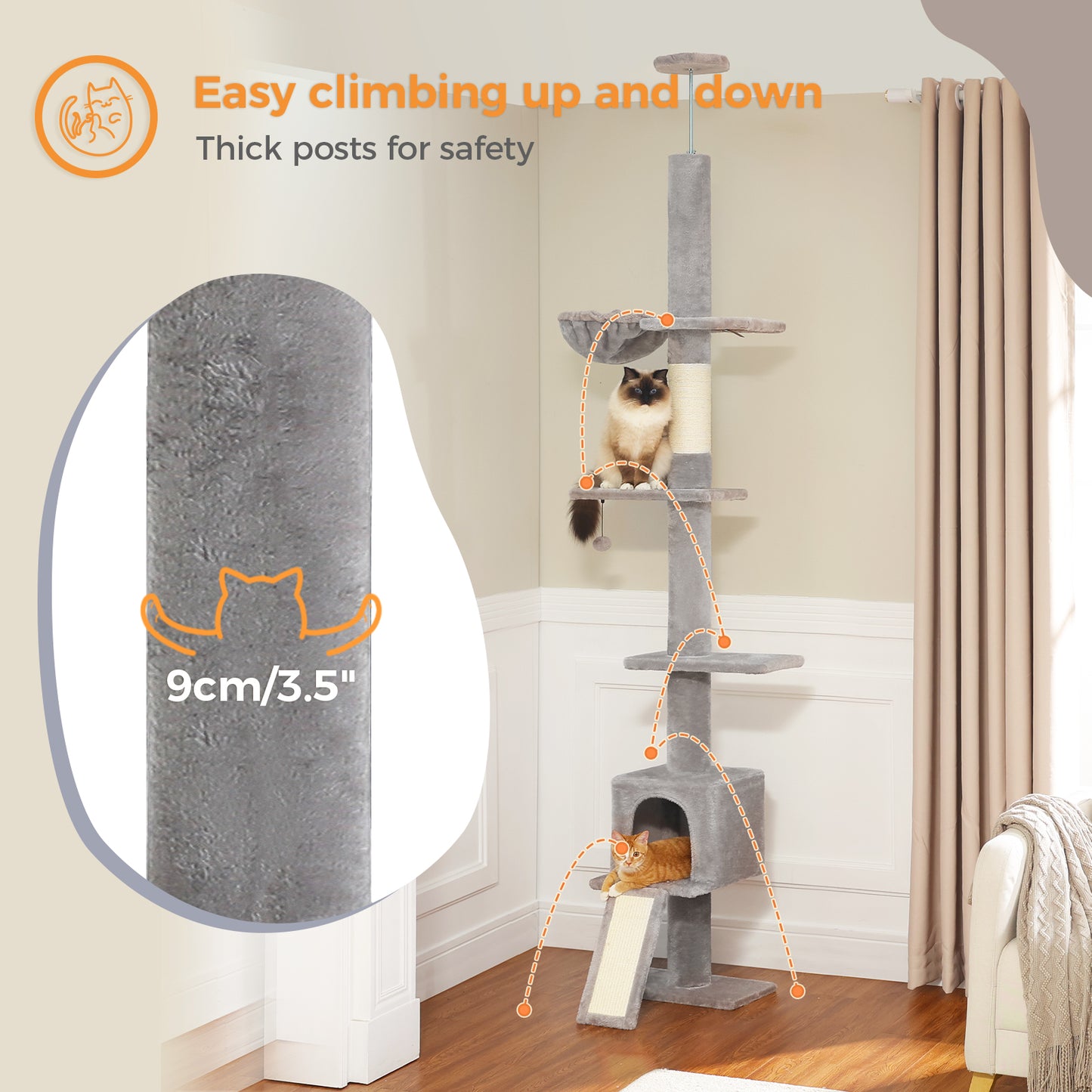 PAWZ Road Cat Tree Tower Scratching Post Ceiling High Cat Scratcher Condo Beds Grey