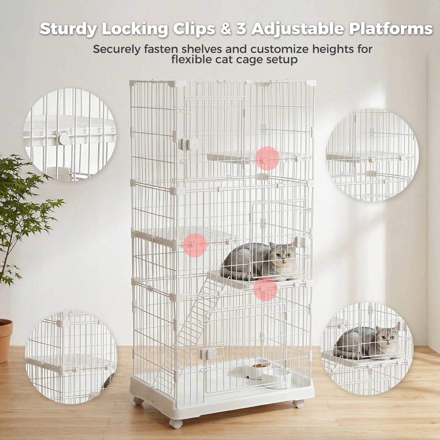 PAWZ Road 4-Tier Cat Cage, 72 x 46 x 145 CM Large Cat Enclosure with Ladder& DIY Platform, Metal Wire Kennel for Indoor/Outdoor Cats, White