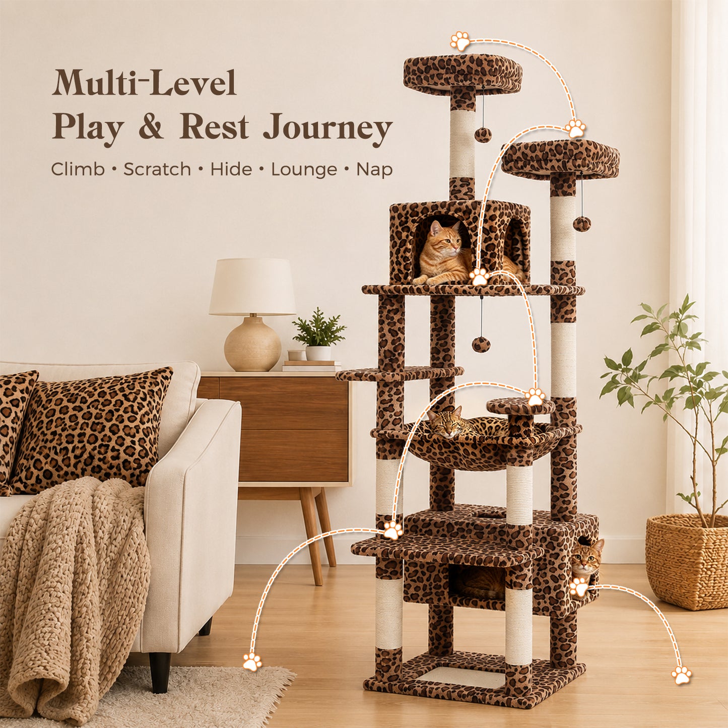 PAWZ Road 184cm Cat Tree for Indoor Cats, Leopard Print Cat Tower with Hammock Sisal-Covered Scratching Post & Pad, Spacious Hammock, Dual Condos, 2 Padded Perches, Dangling Balls, for Indoor Cats