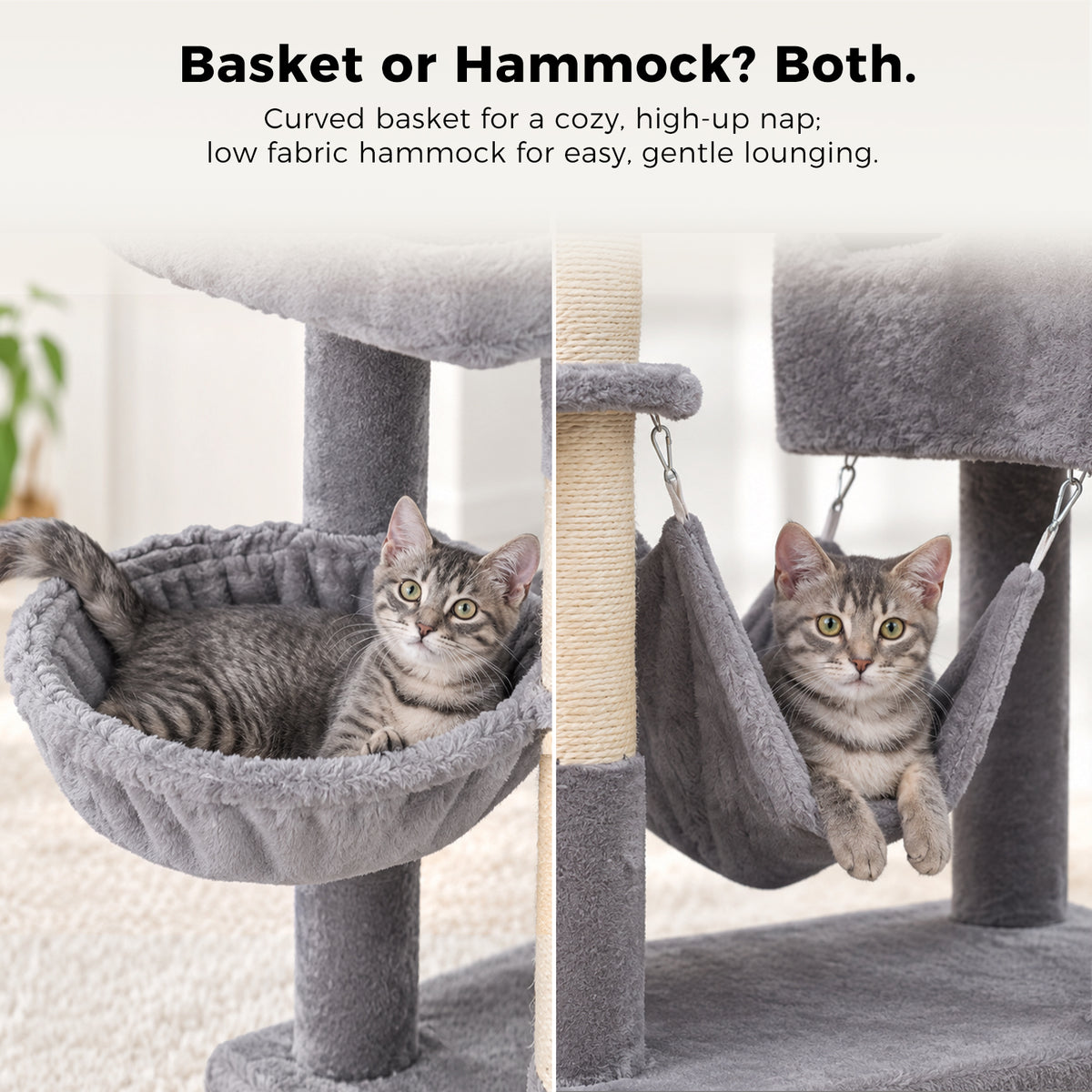 PAWZ Road 196cm Tall Cat Tree, Multi-Level Cat Tower for Large Indoor Cats 2 Large Perches, Sisal Scratching Posts & Ramp, Hanging Hammock & 2 Hanging Caves, 2 Private Condos, 2 Dangling Balls, Grey