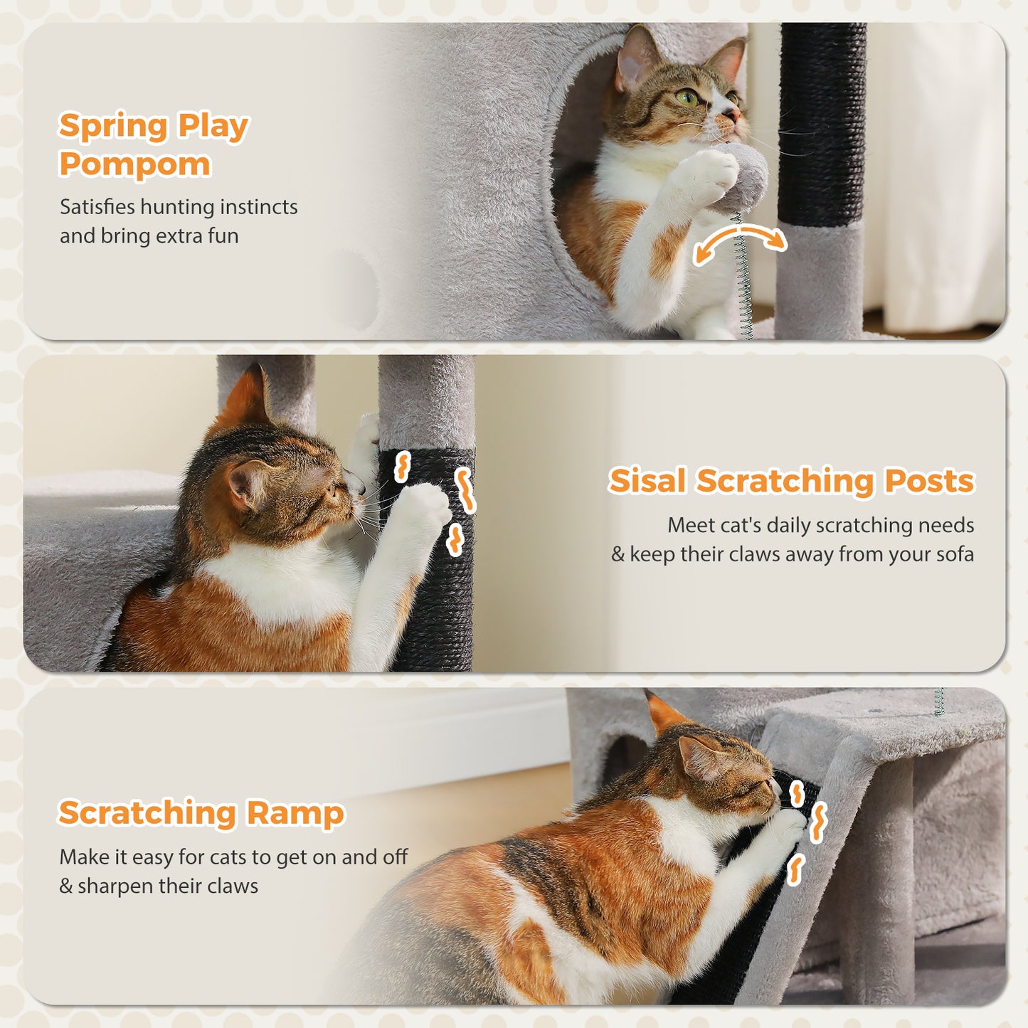 PAWZ Road Cat Tree for Indoor Cats, 88cm Small Cat Tower with Sisal-Covered Scratching Posts, 2 Condos, Scratching Ramp and Dangling Toys, Ideal Kitten Play House for Multi-Kitten Households