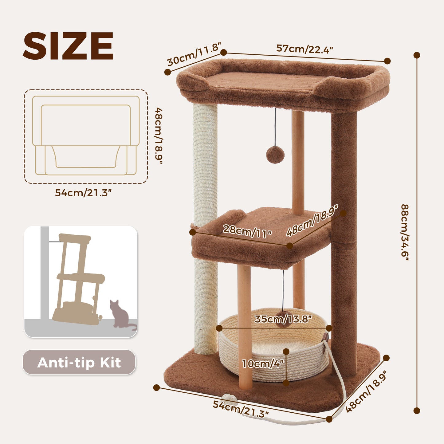 PAWZ Road 88cm Wooden Cat Tree for Large Cats, Cat Tower with Removable Bed, Sisal-Covered Scratching Post, Spacious Large Top Perch, Removable Basket, Big Bed and Pompom Balls, for Indoor Cats, Brown