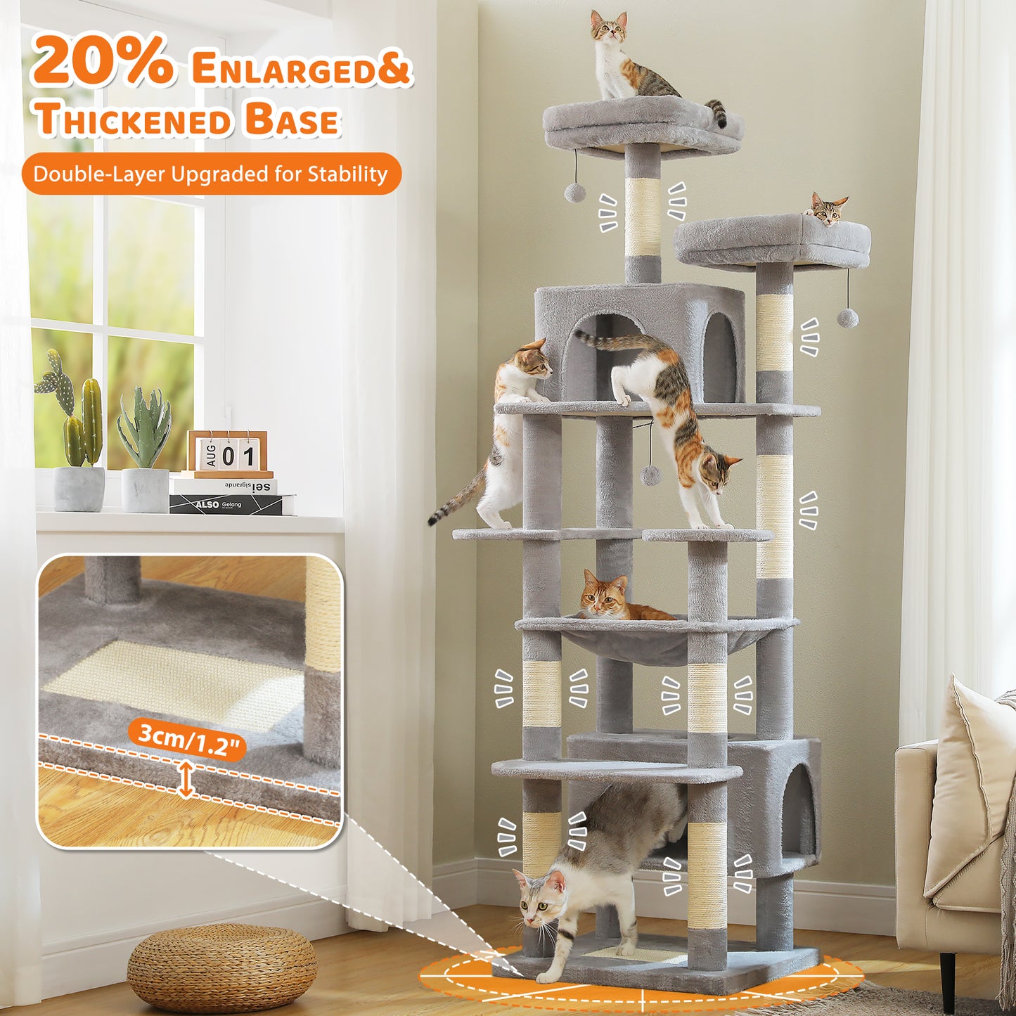 PAWZ Road 205cm Large Cat Tree Tower Scratching Post Scratcher Condo House Cat Furniture Grey