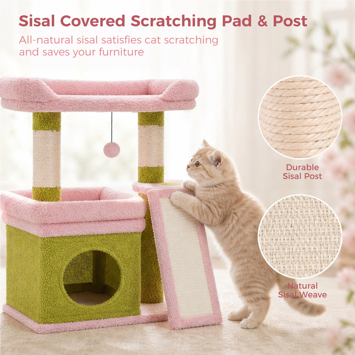 PAWZ Road Small Cat Tree Tower Scratching Post with Wide Top Perch Condo Toys Pink