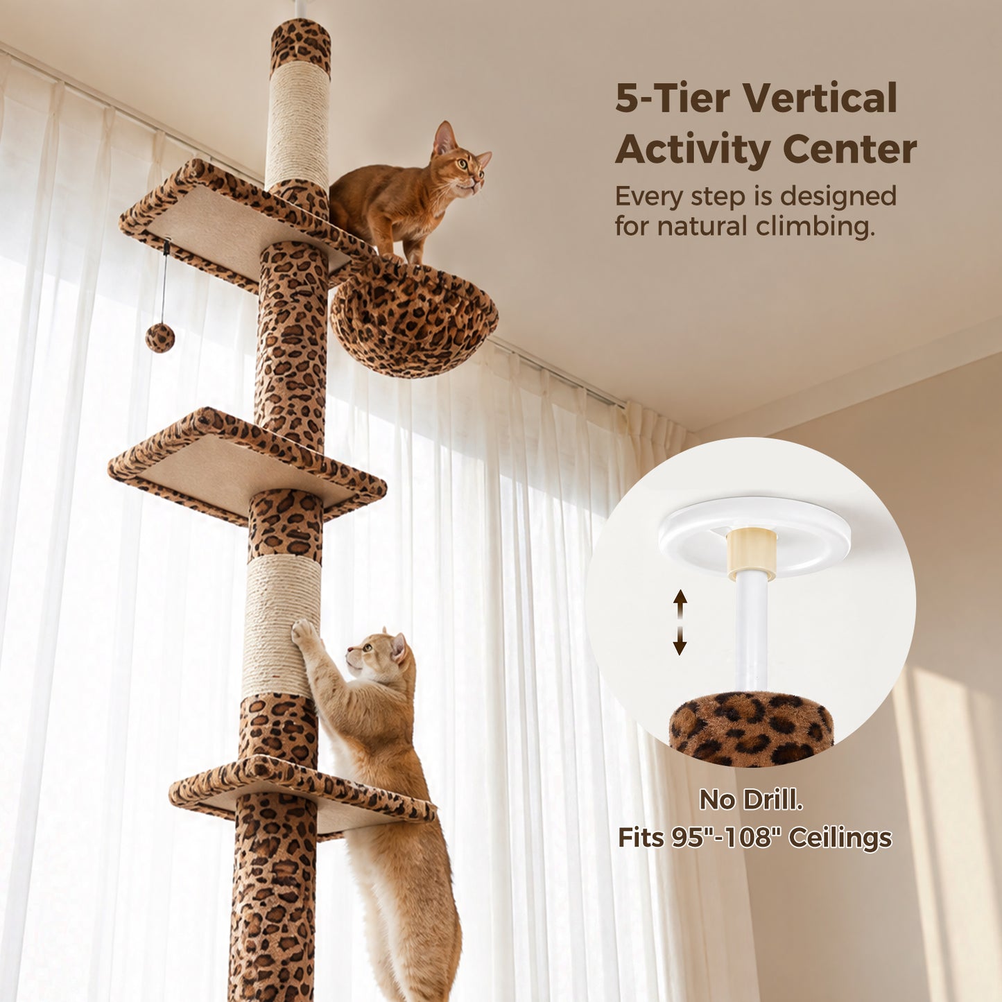 PAWZ Road Cactus Floor-to-Ceiling Cat Tree 5-Tier Cat Tower with Hammock ,229-275cm Adjustable Height ,Ceiling Tree in Green,No Drilling&Space Saving Tall Cat Tree, Multi-Level Skinny Cat Tower, Leopard print