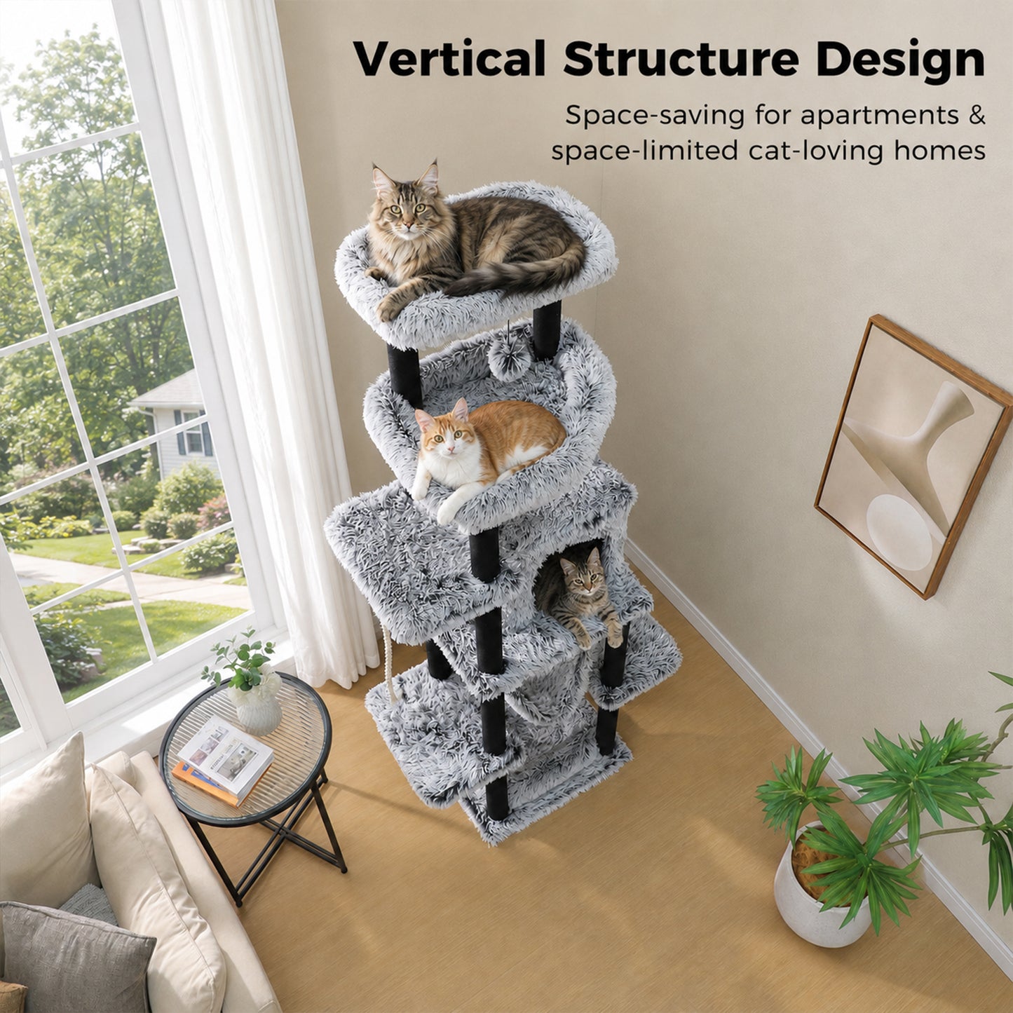 PAWZ Road 185cm Tall Cat Tree, Multi-Level Cat Tower for Large Indoor Cats Soft Long Plush Material, 2 Large Perches, Sisal-Covered Scratching Post, Hanging Hammock, Private Condo, Removable Bed, Grey