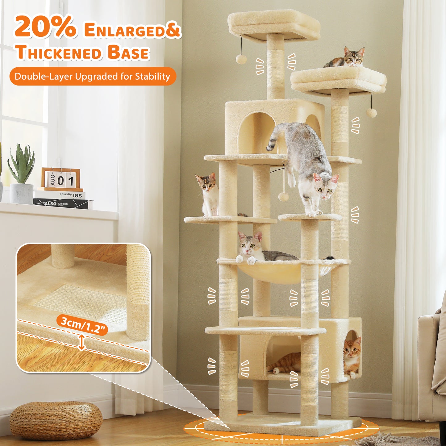 PAWZ Road 205cm Large Cat Tree Tower Scratching Post Scratcher Condo House Cat Furniture Beige