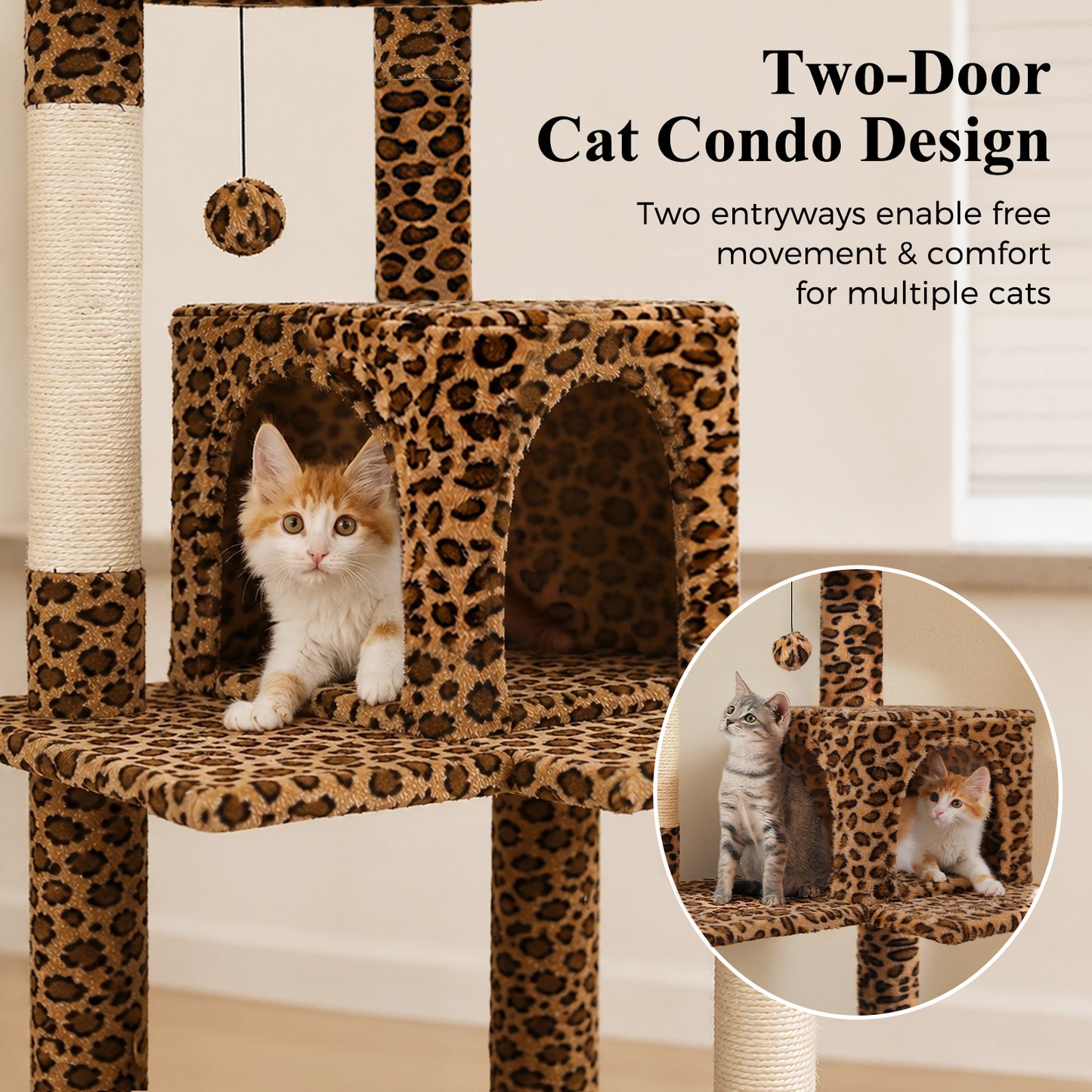 PAWZ Road 143cm Cat Tree with Scratching Post & Large Hammock & Top Perch, Large Hammock 51x41cm, Big Top Perch 45x30cm, 4 Sisal Covered Scratching Posts, 143cm, Leopard Print