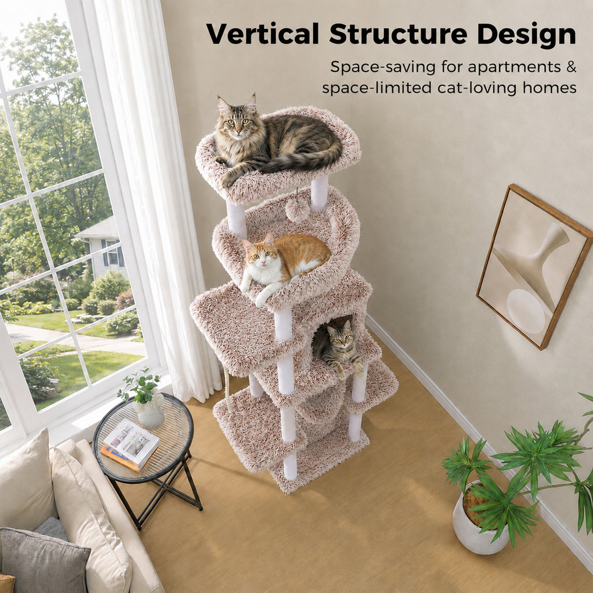 PAWZ Road 185cm Tall Cat Tree, Multi-Level Cat Tower for Large Indoor Cats Soft Long Plush Material, 2 Large Perches, Sisal-Covered Scratching Post, Hanging Hammock, Private Condo, Removable Bed, Brown