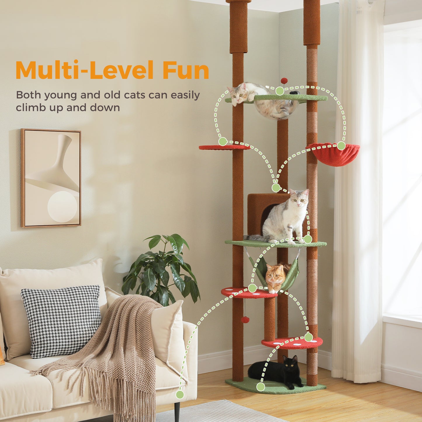 Cat Tree Tower Scratching Post Floor to Ceiling Height Adjustable Cat Condo Bed Brown