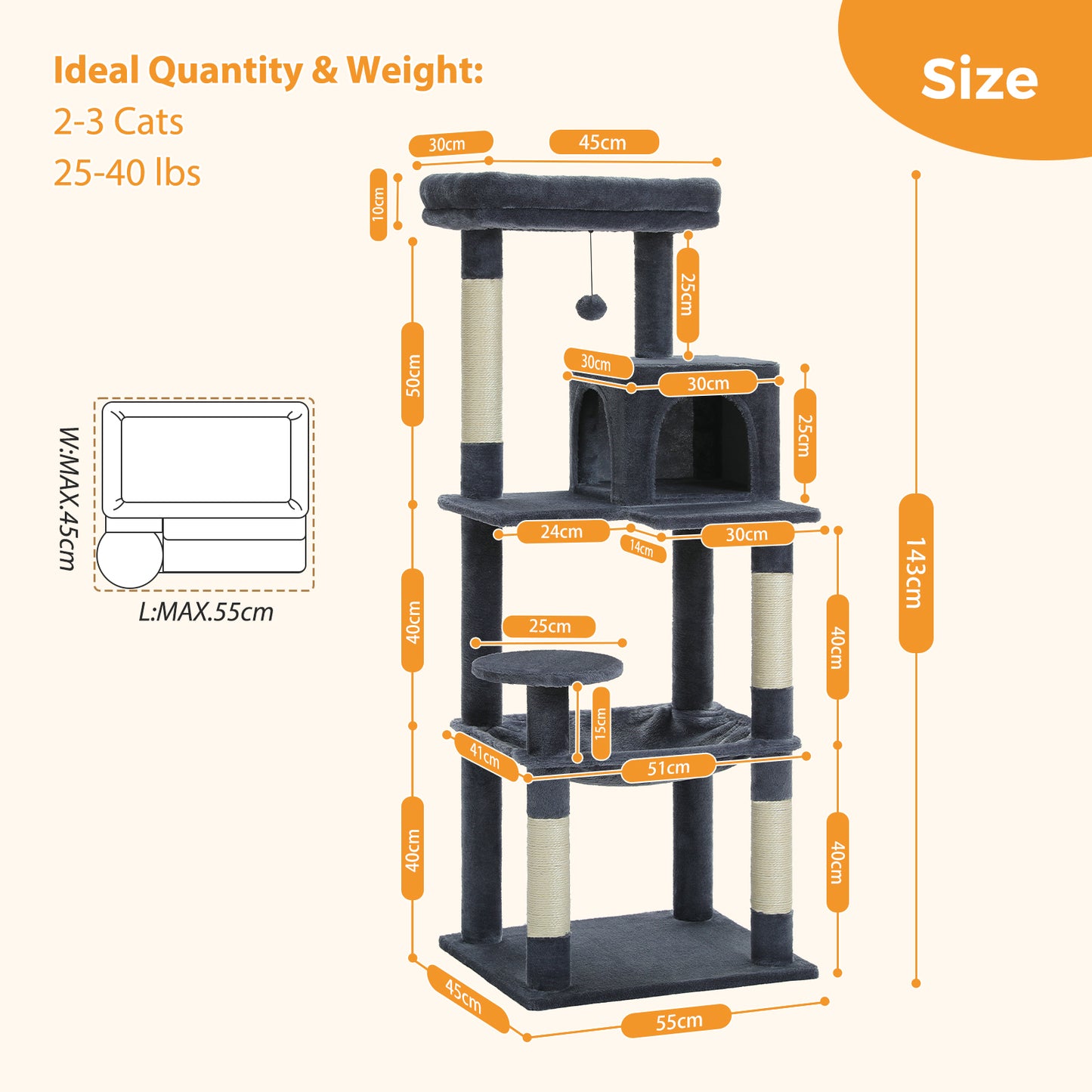 PAWZ Road 143CM Cat Tree Tower Scratching Post Cat Bed Furniture Scratcher Condo House Dark Grey