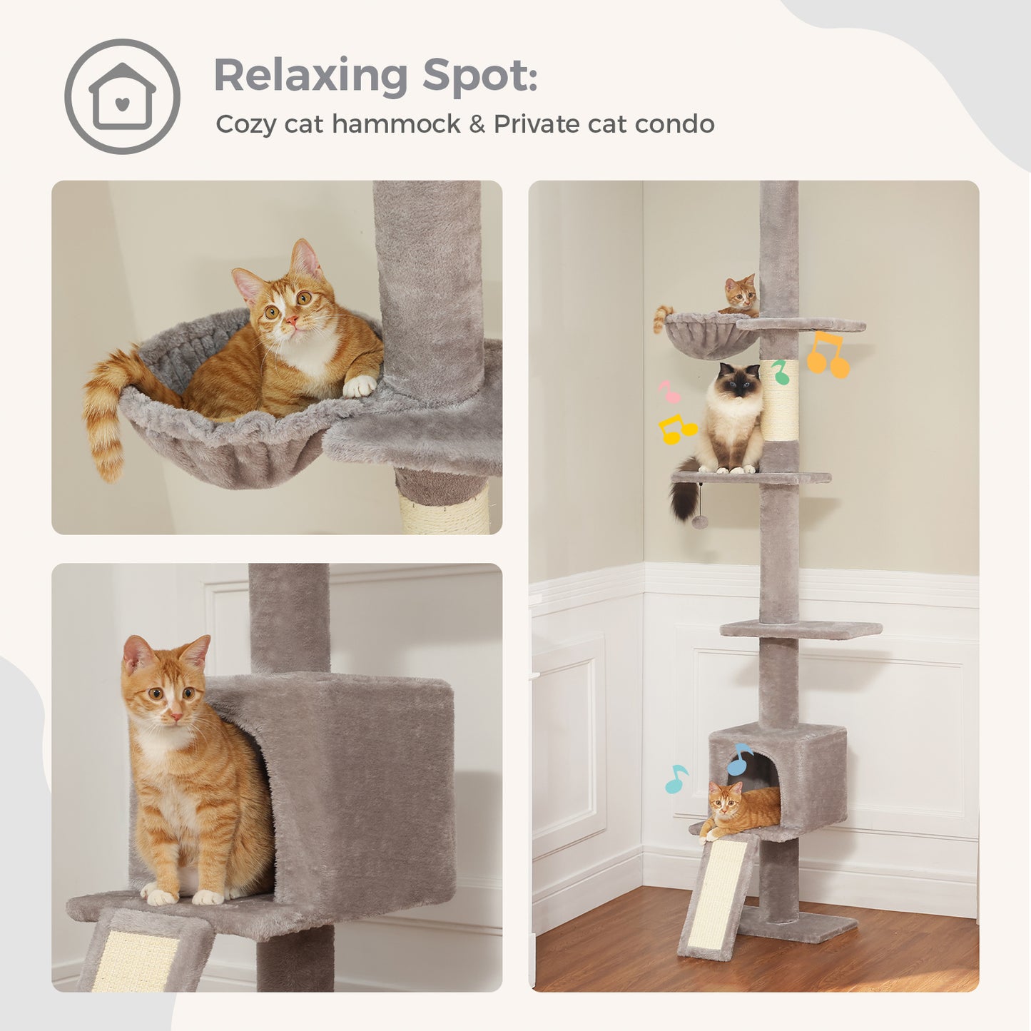 PAWZ Road Cat Tree Tower Scratching Post Ceiling High Cat Scratcher Condo Beds Grey