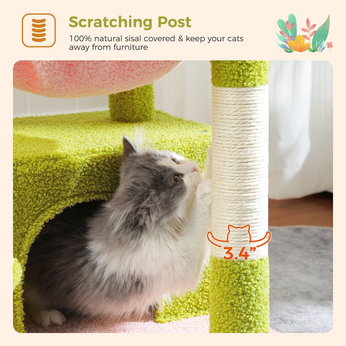 PAWZ Road Plush Cat Tree, 83cm Cat Tower with Cozy Hammock, Pet Furniture Natural Sisal Scratching Posts, Spacious Plush Perch, Large Cat Condo, Dingdang Balls for Indoor Cats, Pink