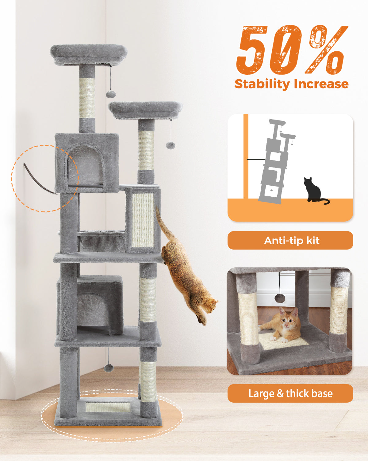 PAWZ Road Cat Tree Tower Scratching Post Adult Cats Condo House Bed Toys 180cm Grey