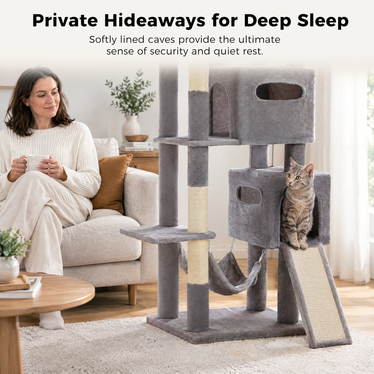 PAWZ Road 196cm Tall Cat Tree, Multi-Level Cat Tower for Large Indoor Cats 2 Large Perches, Sisal Scratching Posts & Ramp, Hanging Hammock & 2 Hanging Caves, 2 Private Condos, 2 Dangling Balls, Grey