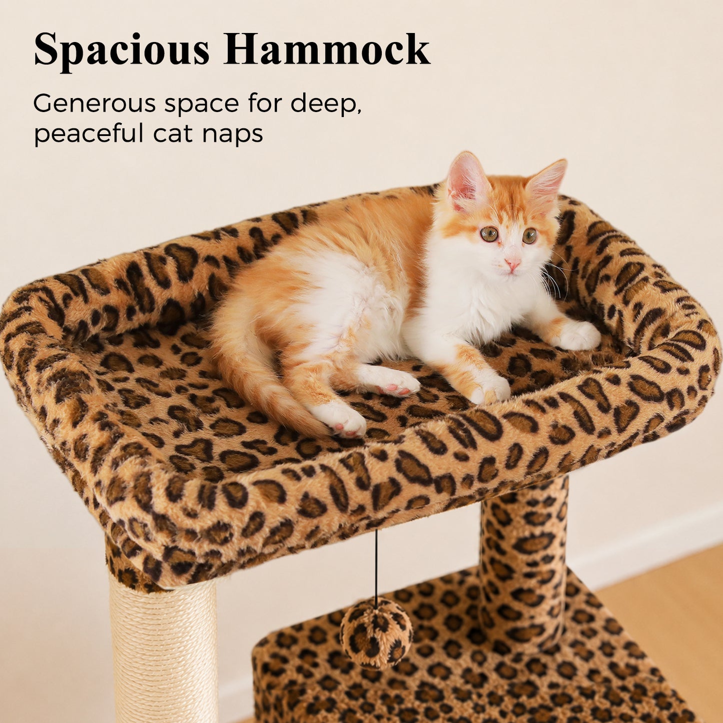 PAWZ Road 143cm Cat Tree with Scratching Post & Large Hammock & Top Perch, Large Hammock 51x41cm, Big Top Perch 45x30cm, 4 Sisal Covered Scratching Posts, 143cm, Leopard Print