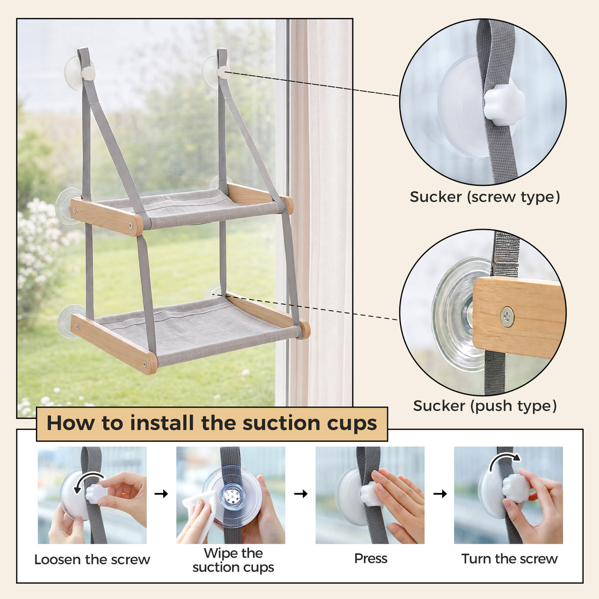 PAWZ Road Cat Window Perch for Large Cats, Wooden Cat Window Hammock, Grey, Sturdy Suction Cups, Double Layer Detachable & Machine Washable Design, Holds Up to 18kg, for Large Cats & Multiple Kittens