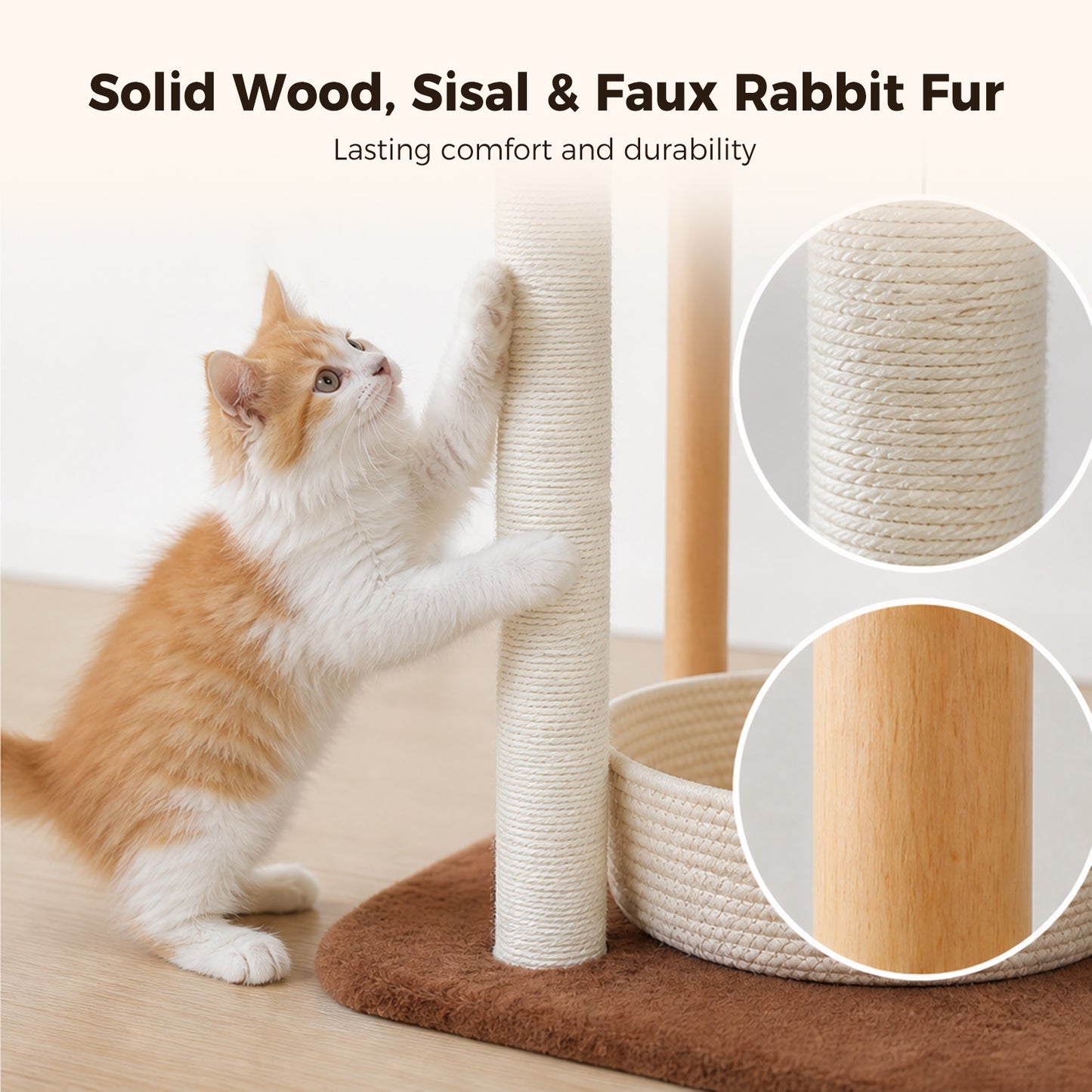 PAWZ Road 88cm Wooden Cat Tree for Large Cats, Cat Tower with Removable Bed, Sisal-Covered Scratching Post, Spacious Large Top Perch, Removable Basket, Big Bed and Pompom Balls, for Indoor Cats, Brown