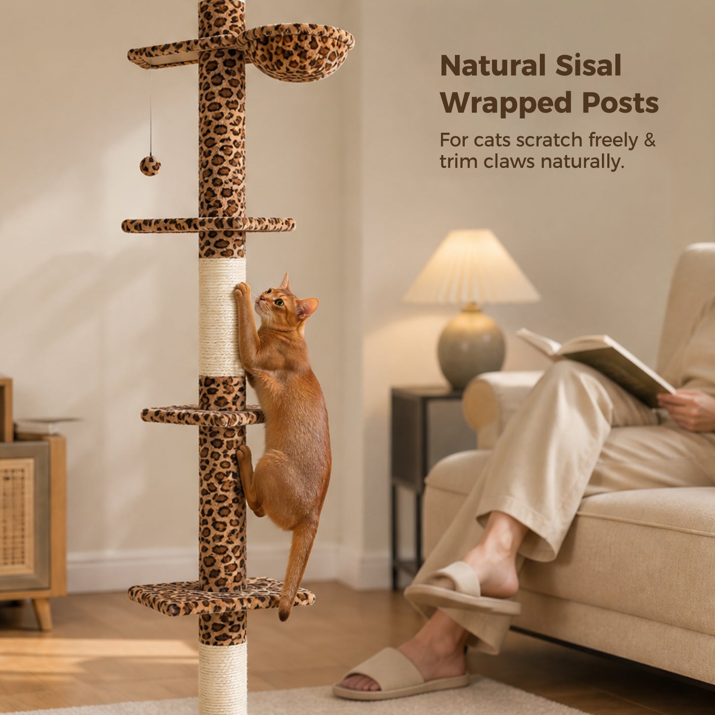PAWZ Road Cactus Floor-to-Ceiling Cat Tree 5-Tier Cat Tower with Hammock ,229-275cm Adjustable Height ,Ceiling Tree in Green,No Drilling&Space Saving Tall Cat Tree, Multi-Level Skinny Cat Tower, Leopard print