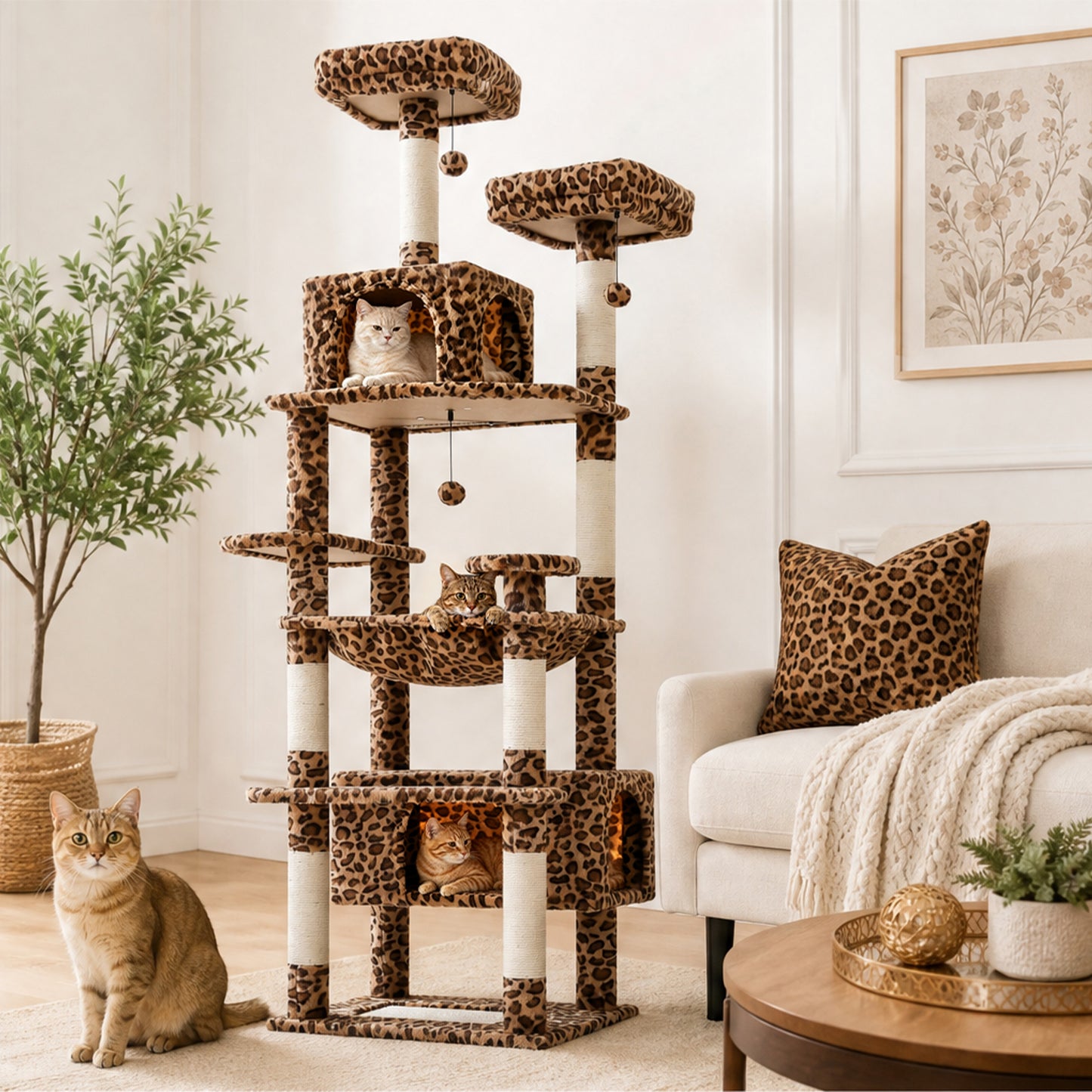 PAWZ Road 184cm Cat Tree for Indoor Cats, Leopard Print Cat Tower with Hammock Sisal-Covered Scratching Post & Pad, Spacious Hammock, Dual Condos, 2 Padded Perches, Dangling Balls, for Indoor Cats