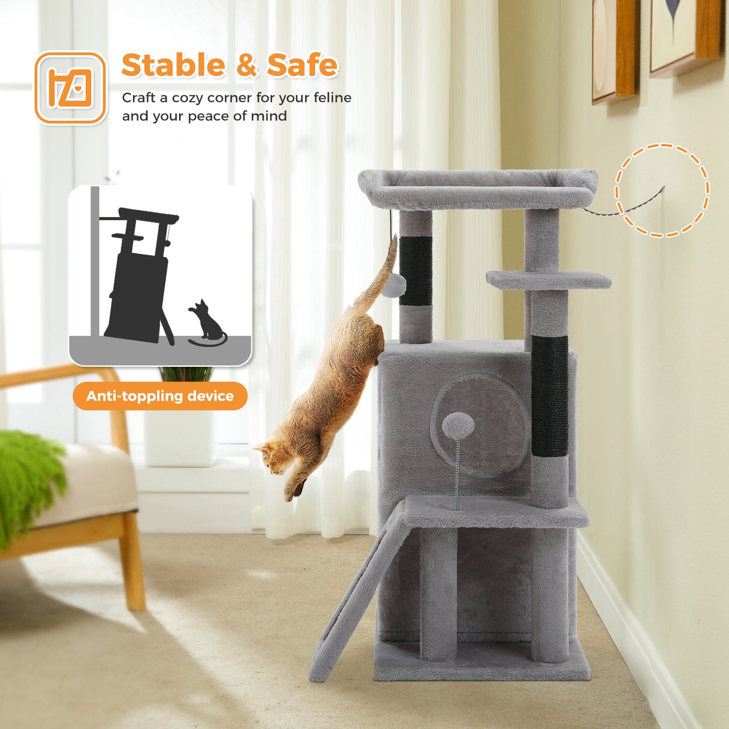 PAWZ Road Cat Tree for Indoor Cats, 88cm Small Cat Tower with Sisal-Covered Scratching Posts, 2 Condos, Scratching Ramp and Dangling Toys, Ideal Kitten Play House for Multi-Kitten Households
