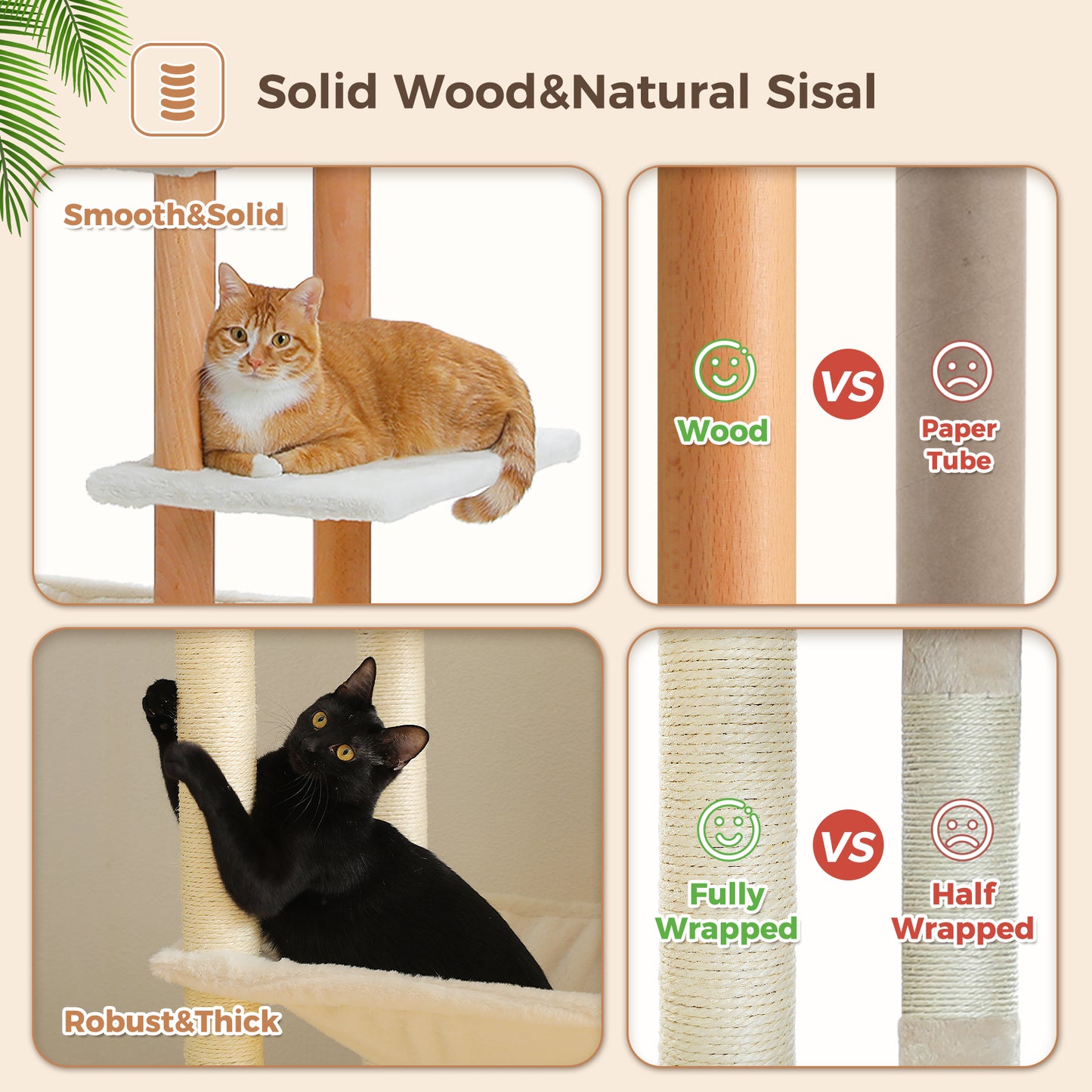 PAWZ Road 186cm Large Wood Cat Tree Tower Scratching Post House with 2 Condos Beige