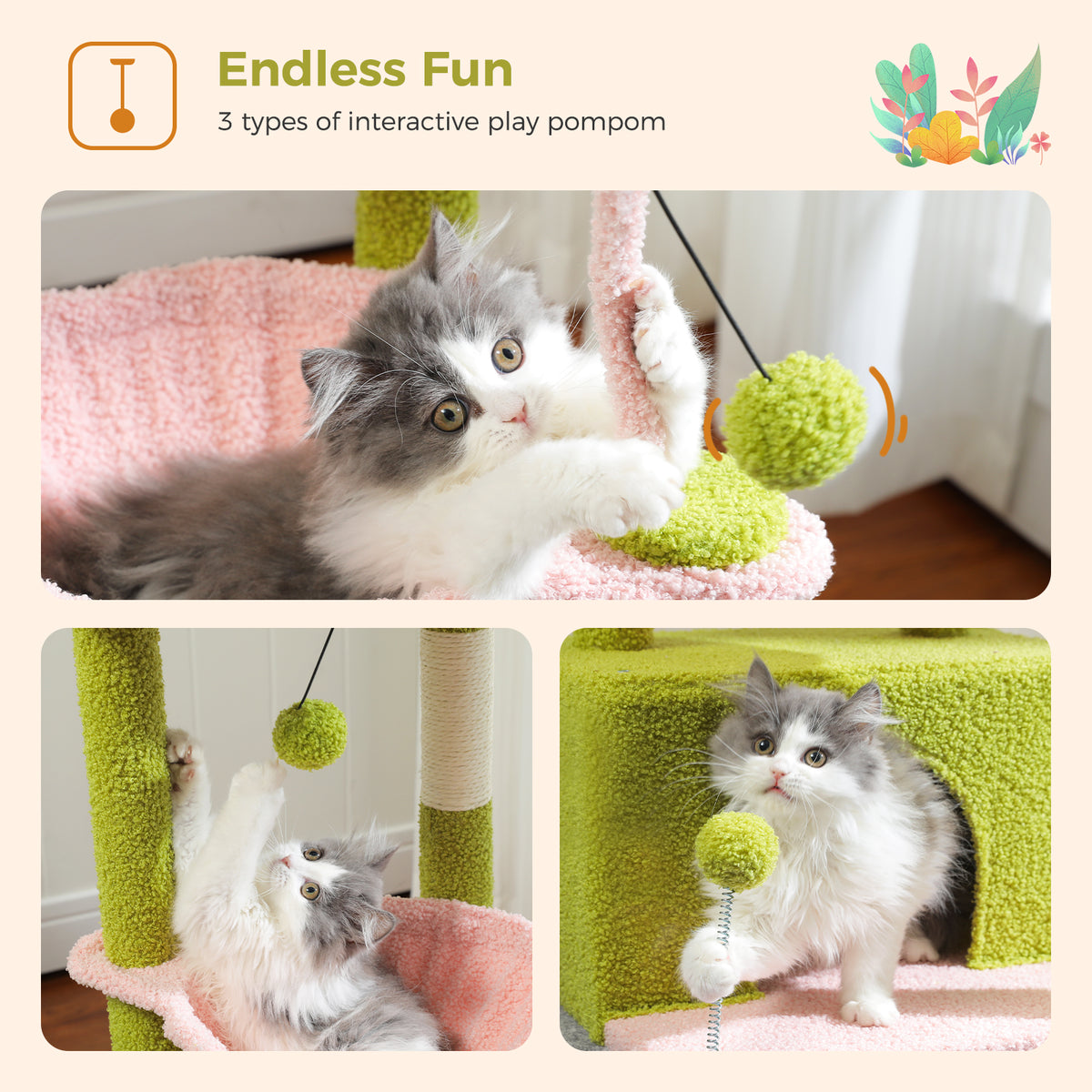 PAWZ Road Plush Cat Tree, 83cm Cat Tower with Cozy Hammock, Pet Furniture Natural Sisal Scratching Posts, Spacious Plush Perch, Large Cat Condo, Dingdang Balls for Indoor Cats, Pink
