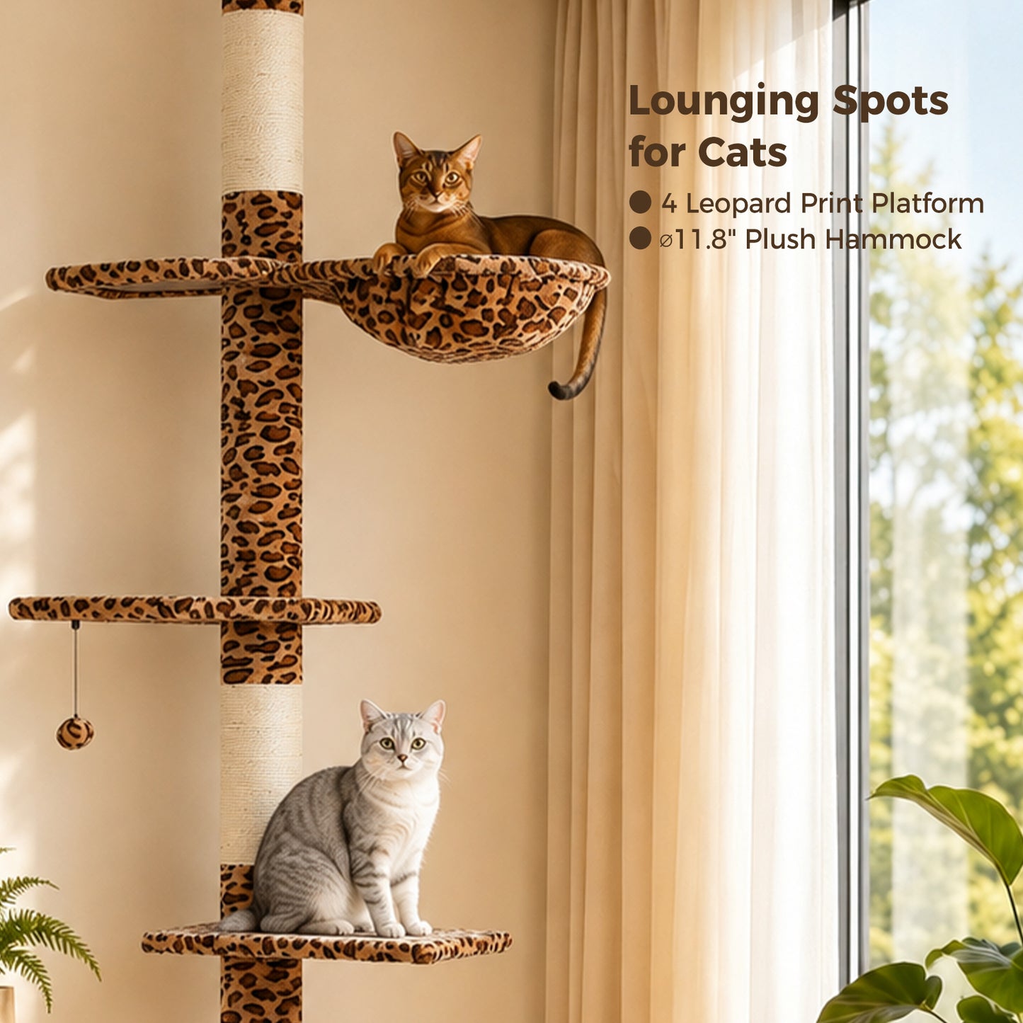 PAWZ Road Cactus Floor-to-Ceiling Cat Tree 5-Tier Cat Tower with Hammock ,229-275cm Adjustable Height ,Ceiling Tree in Green,No Drilling&Space Saving Tall Cat Tree, Multi-Level Skinny Cat Tower, Leopard print