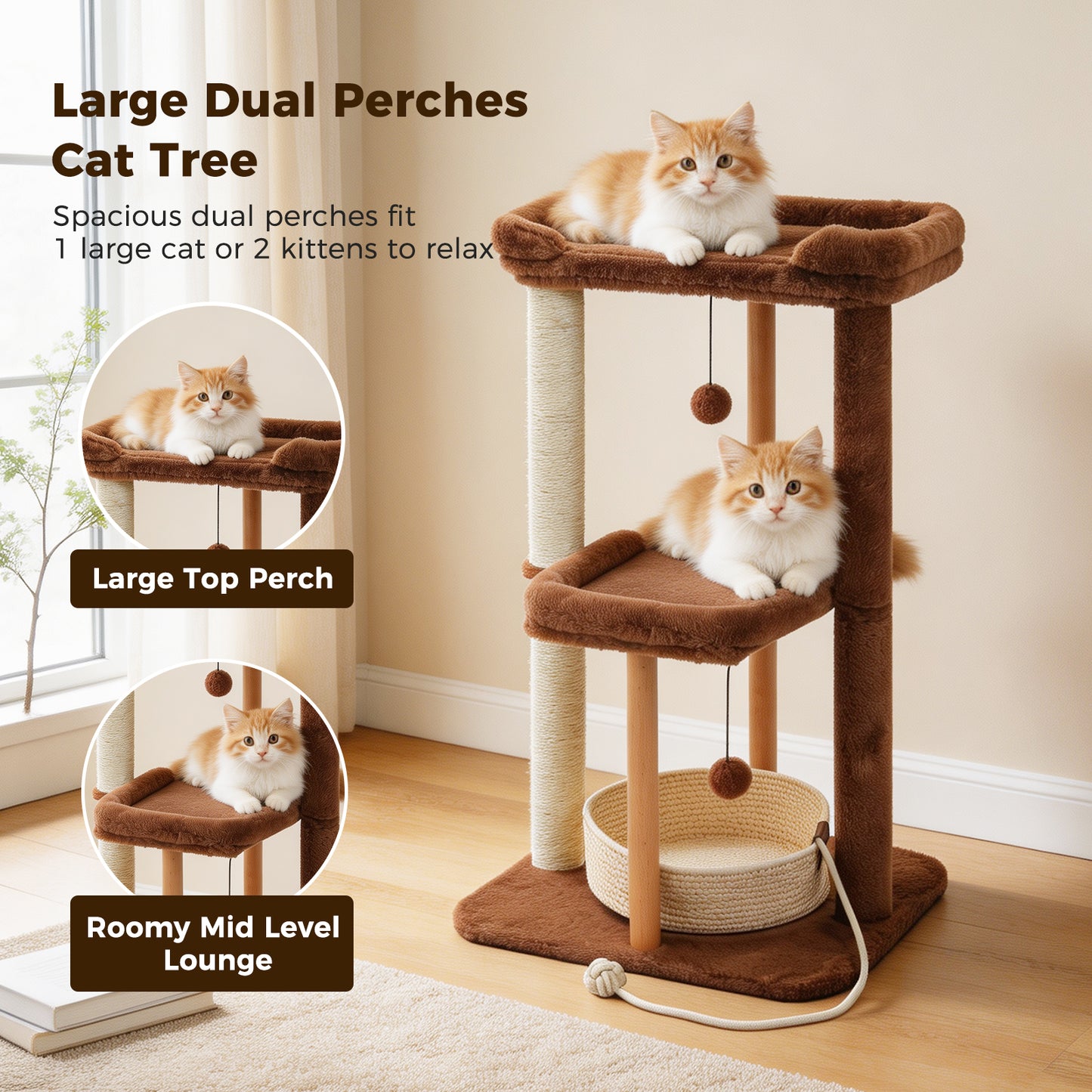 PAWZ Road 88cm Wooden Cat Tree for Large Cats, Cat Tower with Removable Bed, Sisal-Covered Scratching Post, Spacious Large Top Perch, Removable Basket, Big Bed and Pompom Balls, for Indoor Cats, Brown