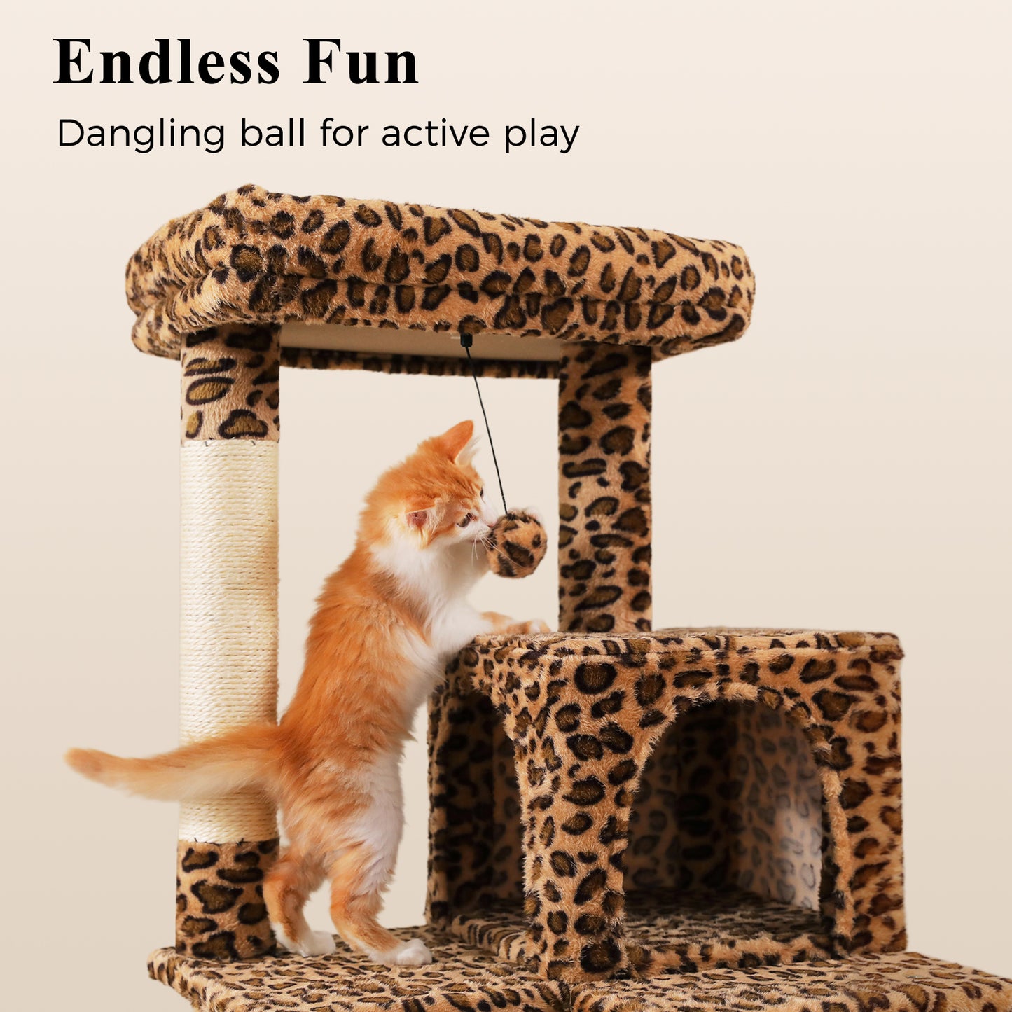 PAWZ Road 143cm Cat Tree with Scratching Post & Large Hammock & Top Perch, Large Hammock 51x41cm, Big Top Perch 45x30cm, 4 Sisal Covered Scratching Posts, 143cm, Leopard Print