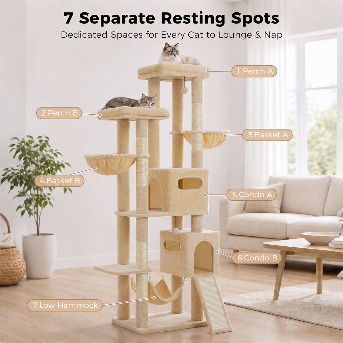 PAWZ Road 196cm Tall Cat Tree, Multi-Level Cat Tower for Large Indoor Cats 2 Large Perches, Sisal Scratching Posts & Ramp, Hanging Hammock & 2 Hanging Caves, 2 Private Condos, 2 Dangling Balls, Beige