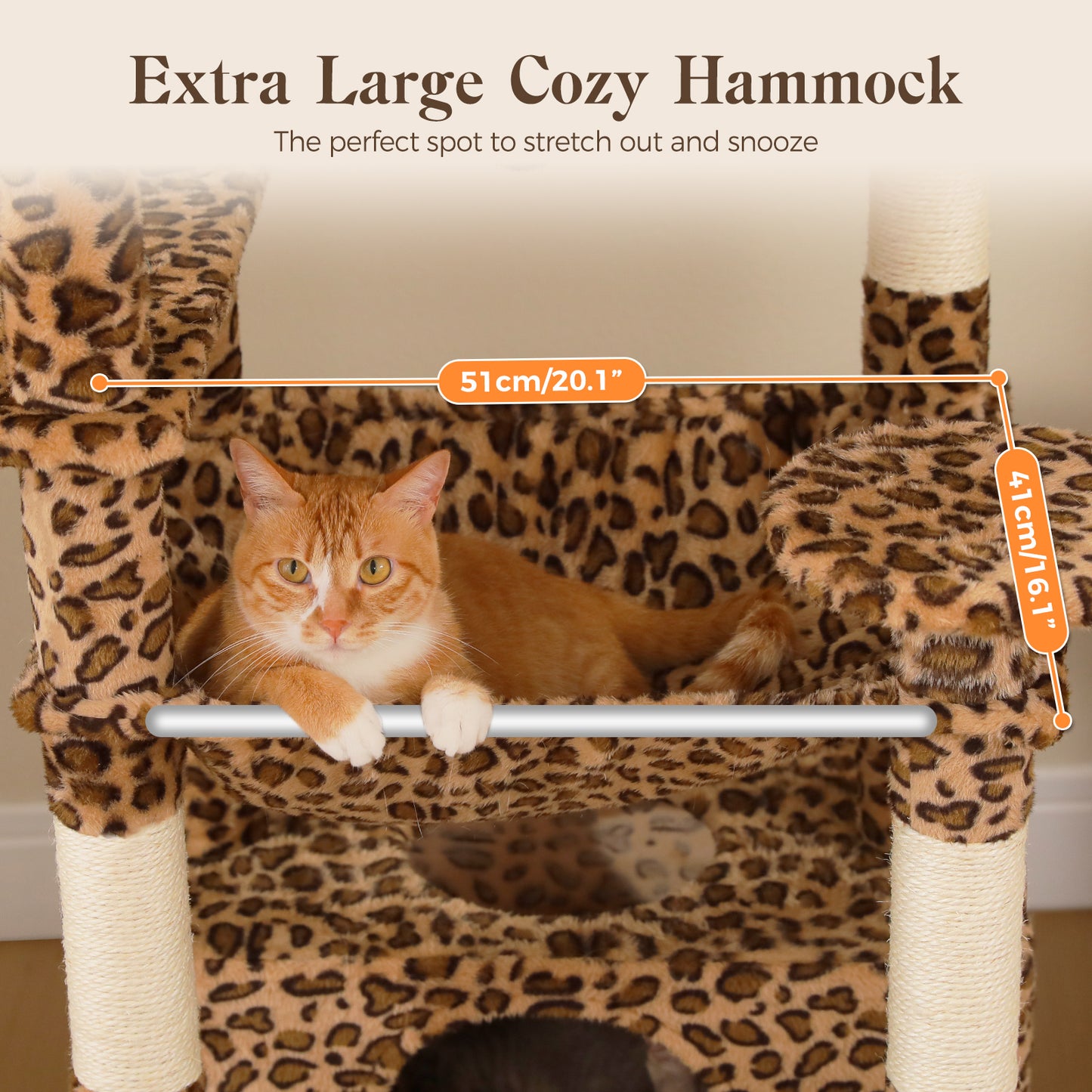 PAWZ Road 184cm Cat Tree for Indoor Cats, Leopard Print Cat Tower with Hammock Sisal-Covered Scratching Post & Pad, Spacious Hammock, Dual Condos, 2 Padded Perches, Dangling Balls, for Indoor Cats