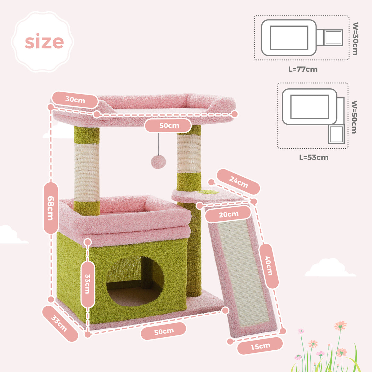 PAWZ Road Small Cat Tree Tower Scratching Post with Wide Top Perch Condo Toys Pink