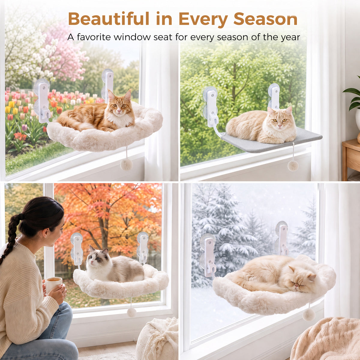 PAWZ Road Cat Window Hammock, Foldable Window Perch, White Cloud-Shaped Bed, 2 Cushions Included: Soft Cloud & Breathable Mesh, Sturdy Suction Cups, Machine Washable Mat,  Pompom Ball, for Large Cats