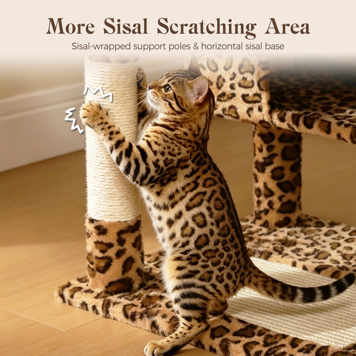PAWZ Road 184cm Cat Tree for Indoor Cats, Leopard Print Cat Tower with Hammock Sisal-Covered Scratching Post & Pad, Spacious Hammock, Dual Condos, 2 Padded Perches, Dangling Balls, for Indoor Cats