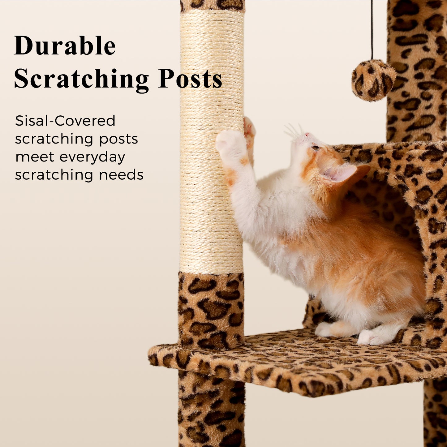 PAWZ Road 143cm Cat Tree with Scratching Post & Large Hammock & Top Perch, Large Hammock 51x41cm, Big Top Perch 45x30cm, 4 Sisal Covered Scratching Posts, 143cm, Leopard Print