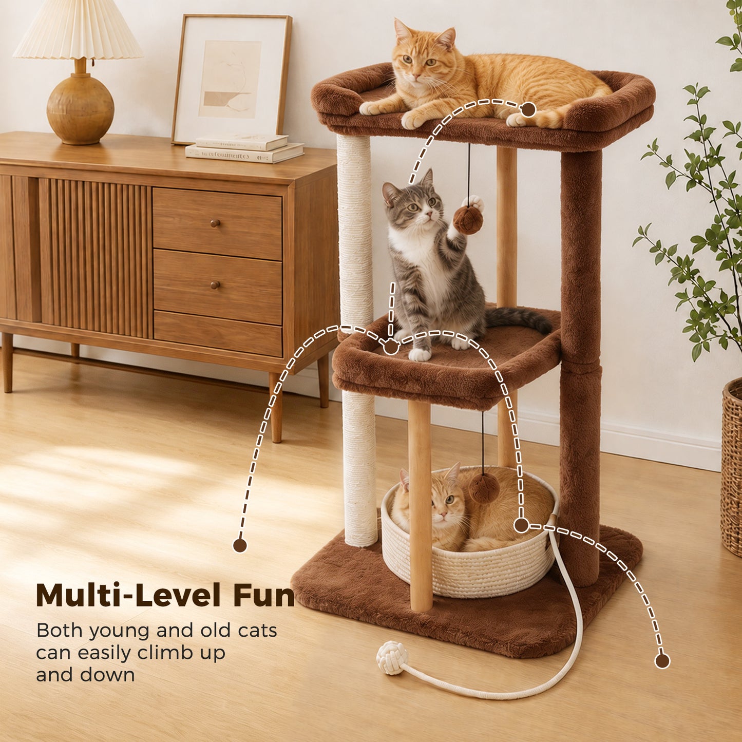 PAWZ Road 88cm Wooden Cat Tree for Large Cats, Cat Tower with Removable Bed, Sisal-Covered Scratching Post, Spacious Large Top Perch, Removable Basket, Big Bed and Pompom Balls, for Indoor Cats, Brown