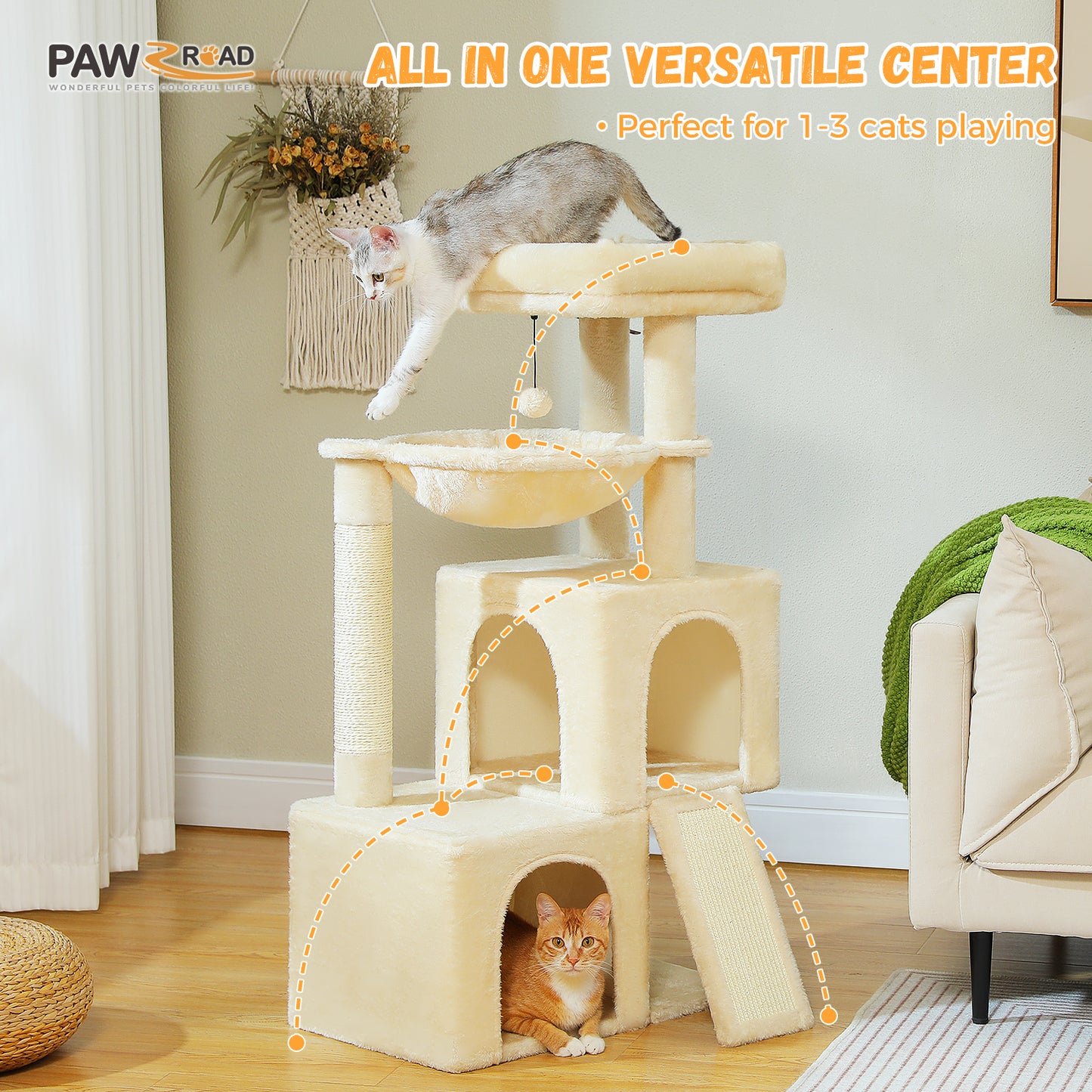 PAWZ Road 104cm Cat Tree Tower Scratching Post Scratcher Condo House for Indoor Cats Beige