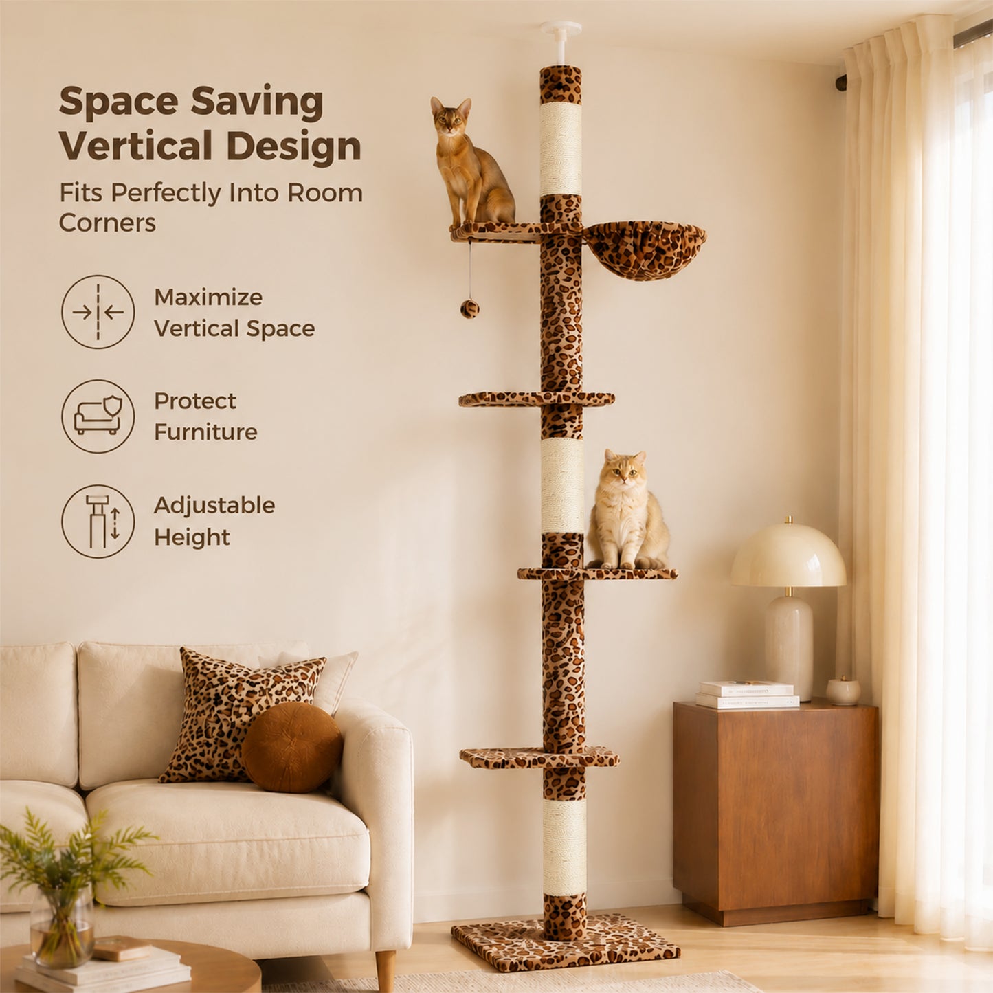 PAWZ Road Cactus Floor-to-Ceiling Cat Tree 5-Tier Cat Tower with Hammock ,229-275cm Adjustable Height ,Ceiling Tree in Green,No Drilling&Space Saving Tall Cat Tree, Multi-Level Skinny Cat Tower, Leopard print