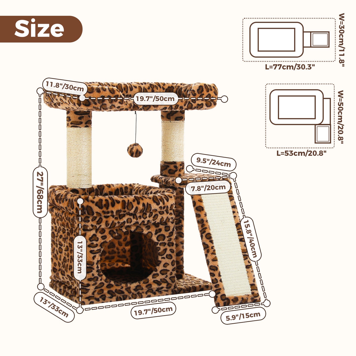 PAWZ Road Small Cat Tree Tower Scratching Post with Wide Top Perch Condo Toys Leopard Print