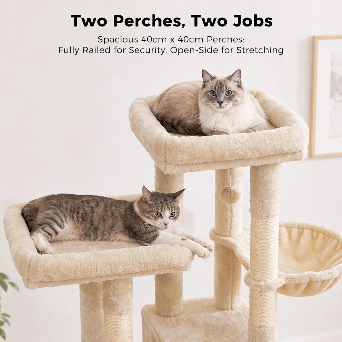 PAWZ Road 196cm Tall Cat Tree, Multi-Level Cat Tower for Large Indoor Cats 2 Large Perches, Sisal Scratching Posts & Ramp, Hanging Hammock & 2 Hanging Caves, 2 Private Condos, 2 Dangling Balls, Beige
