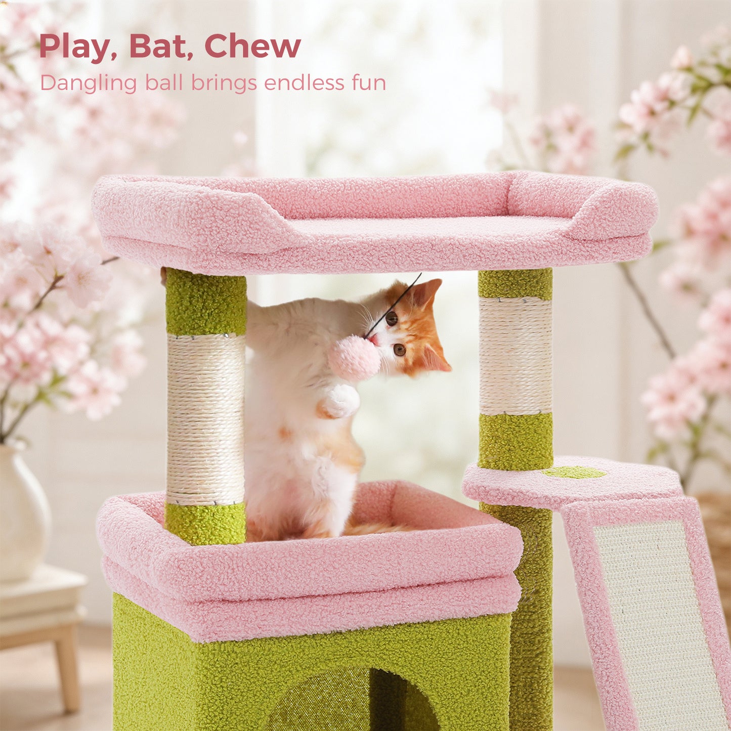PAWZ Road Small Cat Tree Tower Scratching Post with Wide Top Perch Condo Toys Pink