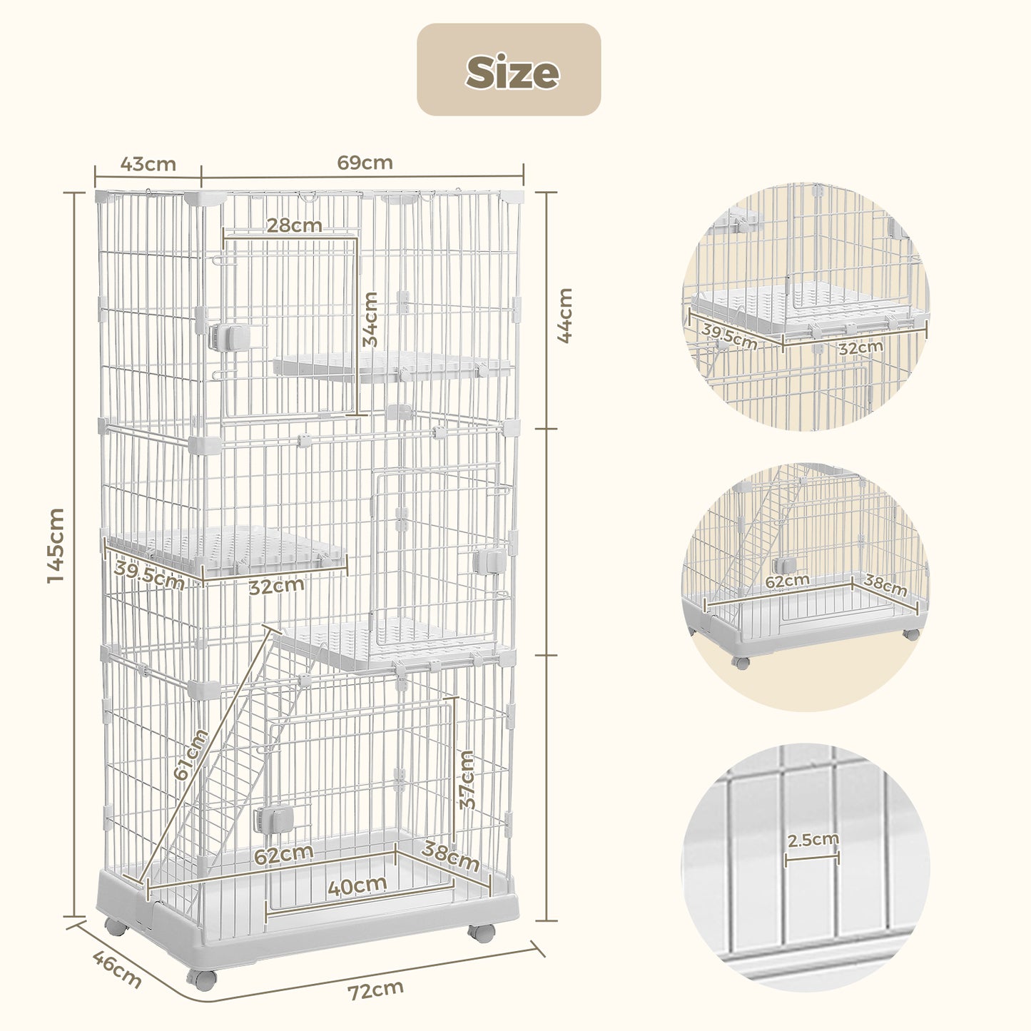 PAWZ Road 4-Tier Cat Cage, 72 x 46 x 145 CM Large Cat Enclosure with Ladder& DIY Platform, Metal Wire Kennel for Indoor/Outdoor Cats, White