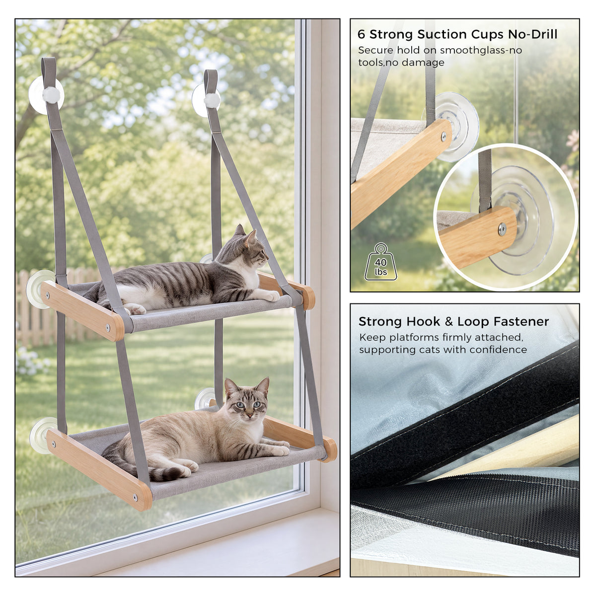PAWZ Road Cat Window Perch for Large Cats, Wooden Cat Window Hammock, Grey, Sturdy Suction Cups, Double Layer Detachable & Machine Washable Design, Holds Up to 18kg, for Large Cats & Multiple Kittens