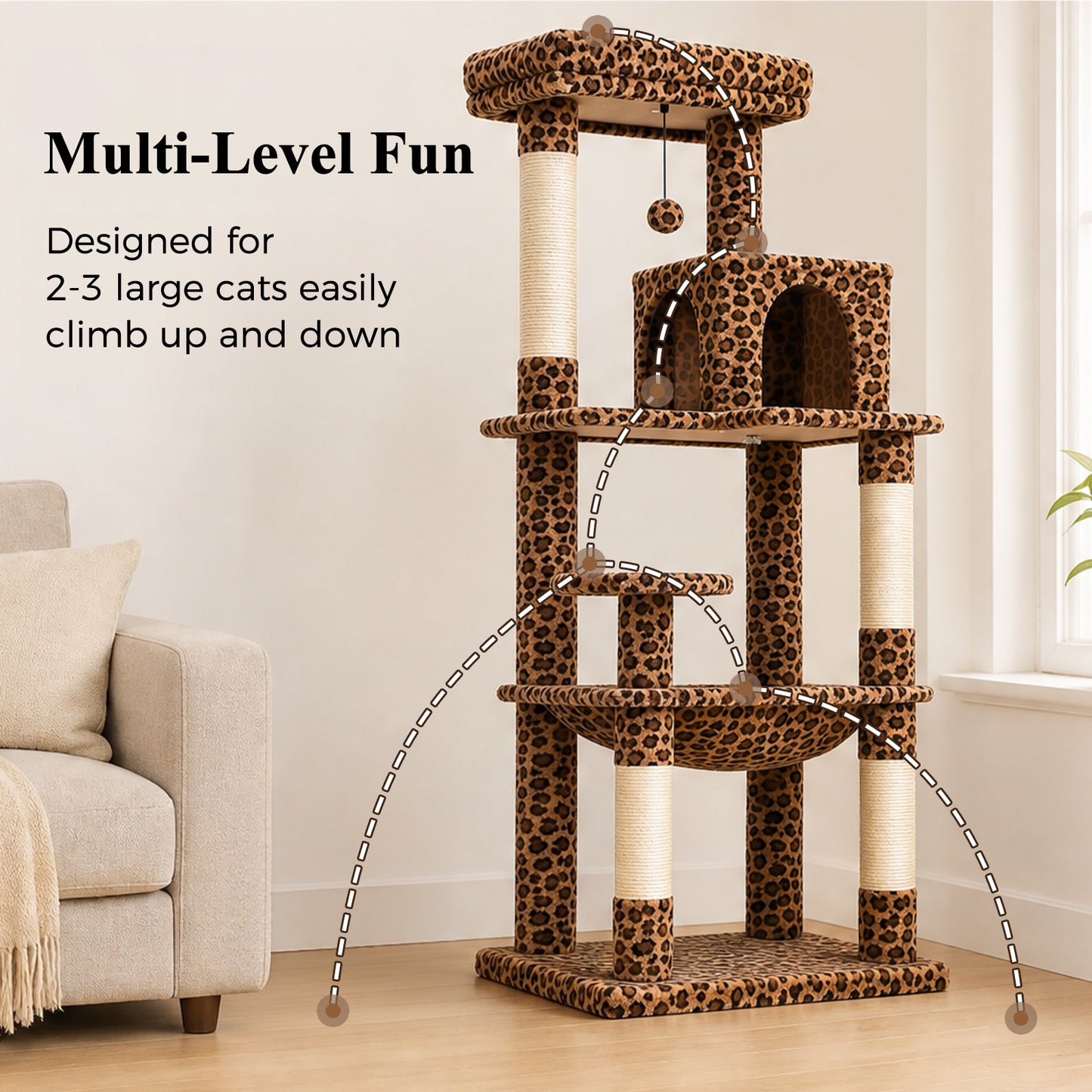 PAWZ Road 143cm Cat Tree with Scratching Post & Large Hammock & Top Perch, Large Hammock 51x41cm, Big Top Perch 45x30cm, 4 Sisal Covered Scratching Posts, 143cm, Leopard Print