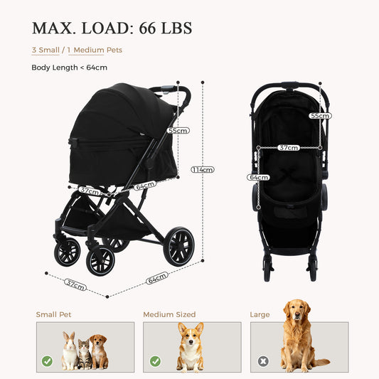 PAWZ Road 3-in-1 Pet Stroller, Foldable & Waterproof Dog/Cat Stroller with Breathable Mesh, Reversible Handle, 4 Wheels, Storage Basket & Dual Safety Leashes, Lightweight Travel Carrier for Daily Walking Outdoor, Black
