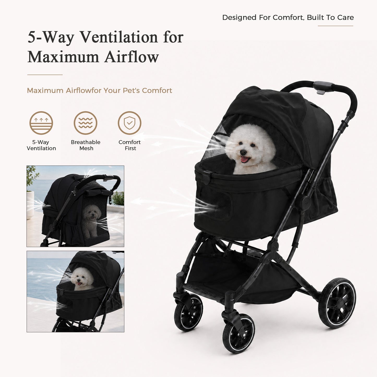 PAWZ Road 3-in-1 Pet Stroller, Foldable & Waterproof Dog/Cat Stroller with Breathable Mesh, Reversible Handle, 4 Wheels, Storage Basket & Dual Safety Leashes, Lightweight Travel Carrier for Daily Walking Outdoor, Black