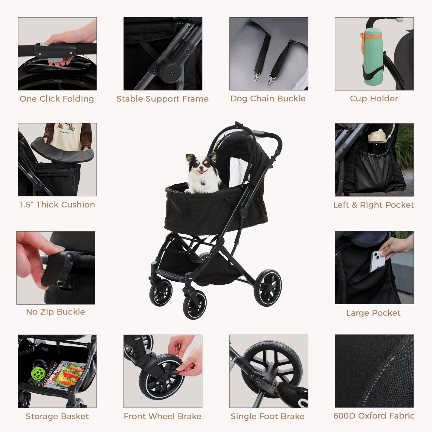 PAWZ Road 3-in-1 Pet Stroller, Foldable & Waterproof Dog/Cat Stroller with Breathable Mesh, Reversible Handle, 4 Wheels, Storage Basket & Dual Safety Leashes, Lightweight Travel Carrier for Daily Walking Outdoor, Black
