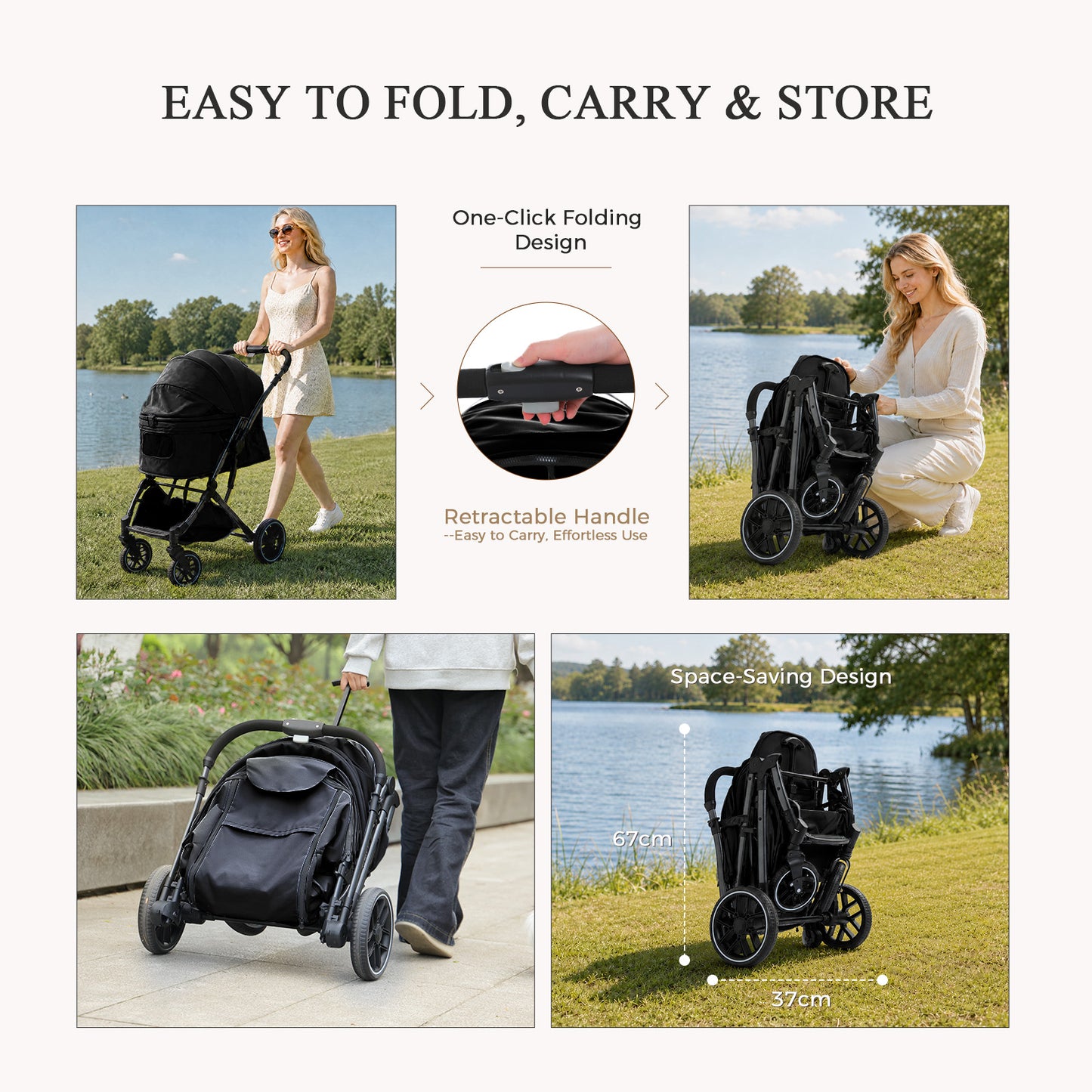 PAWZ Road 3-in-1 Pet Stroller, Foldable & Waterproof Dog/Cat Stroller with Breathable Mesh, Reversible Handle, 4 Wheels, Storage Basket & Dual Safety Leashes, Lightweight Travel Carrier for Daily Walking Outdoor, Black